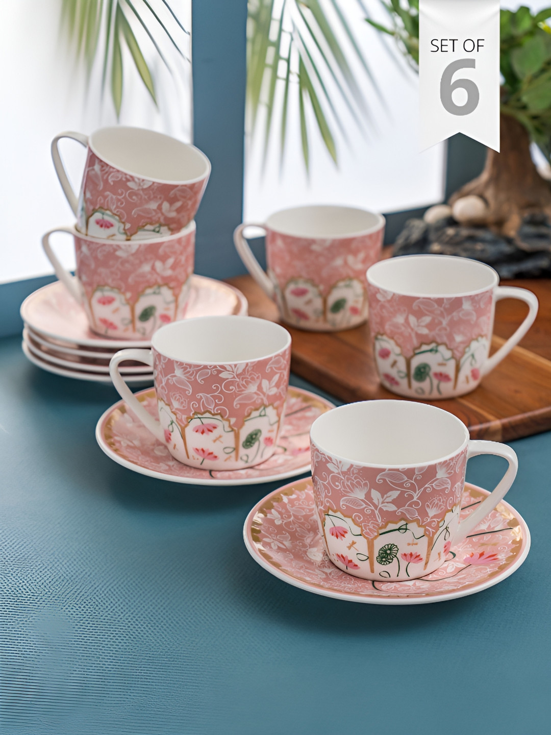 

CLAY CRAFT Pink 12 Pieces Printed Glossy Ceramic Cup and Saucer Set- 180ml each