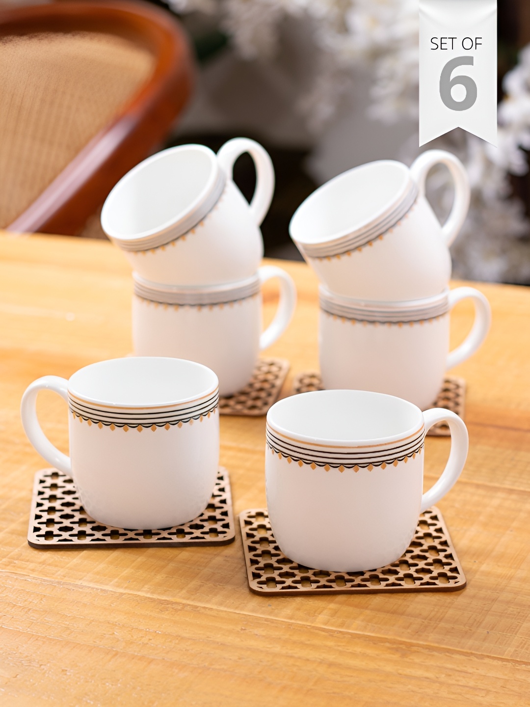 

CLAY CRAFT White & Black 6Pcs Textured Ceramic Glossy Easy to Clean Cups 160ml Each