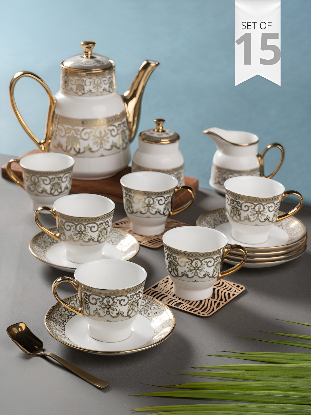 

CLAY CRAFT Gold-Toned 15Pcs Printed Ceramic Glossy Easy to Clean Kettle Set