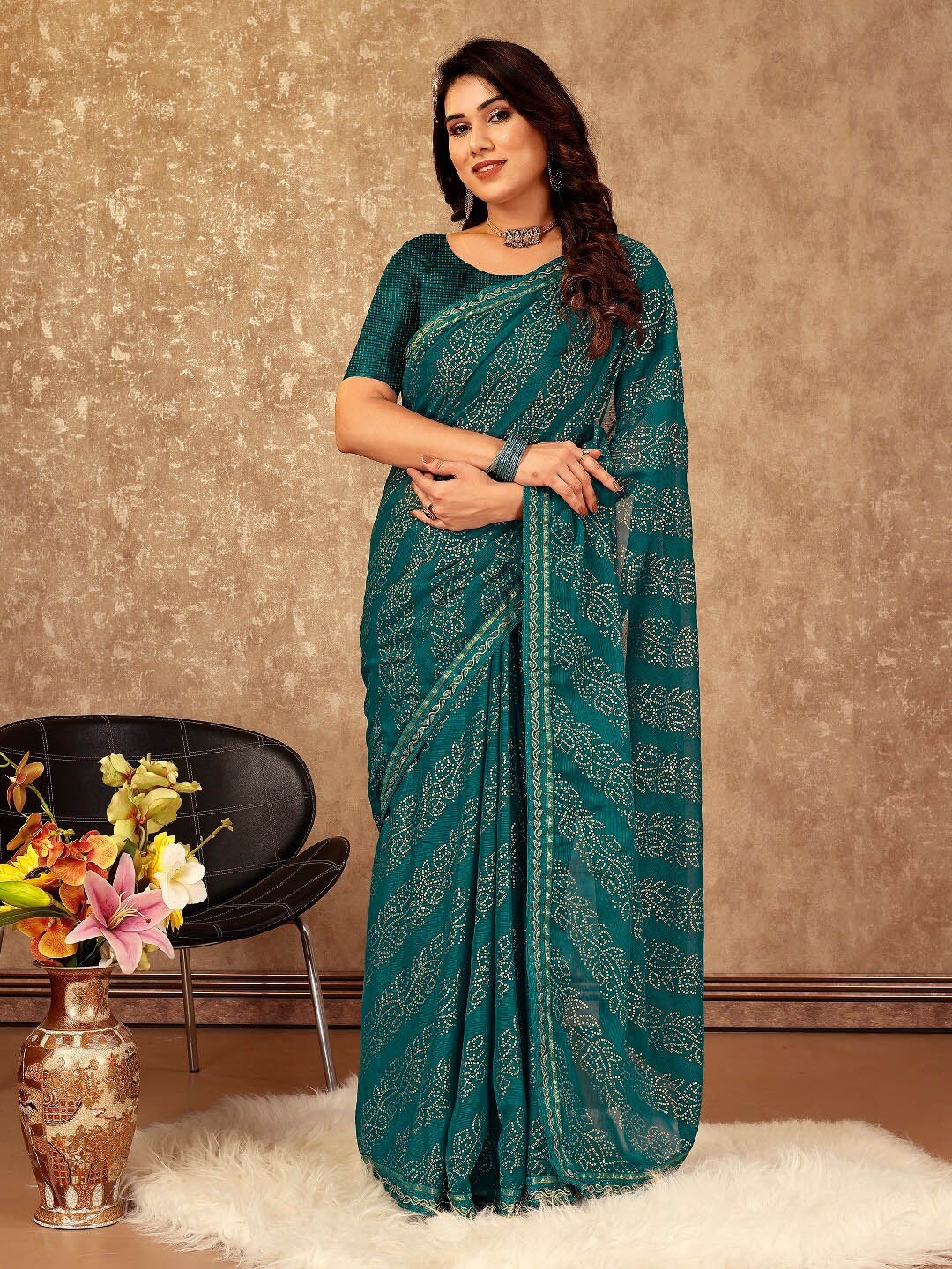 

HERE&NOW Bandhani Printed Zari Pure Chiffon Saree, Teal