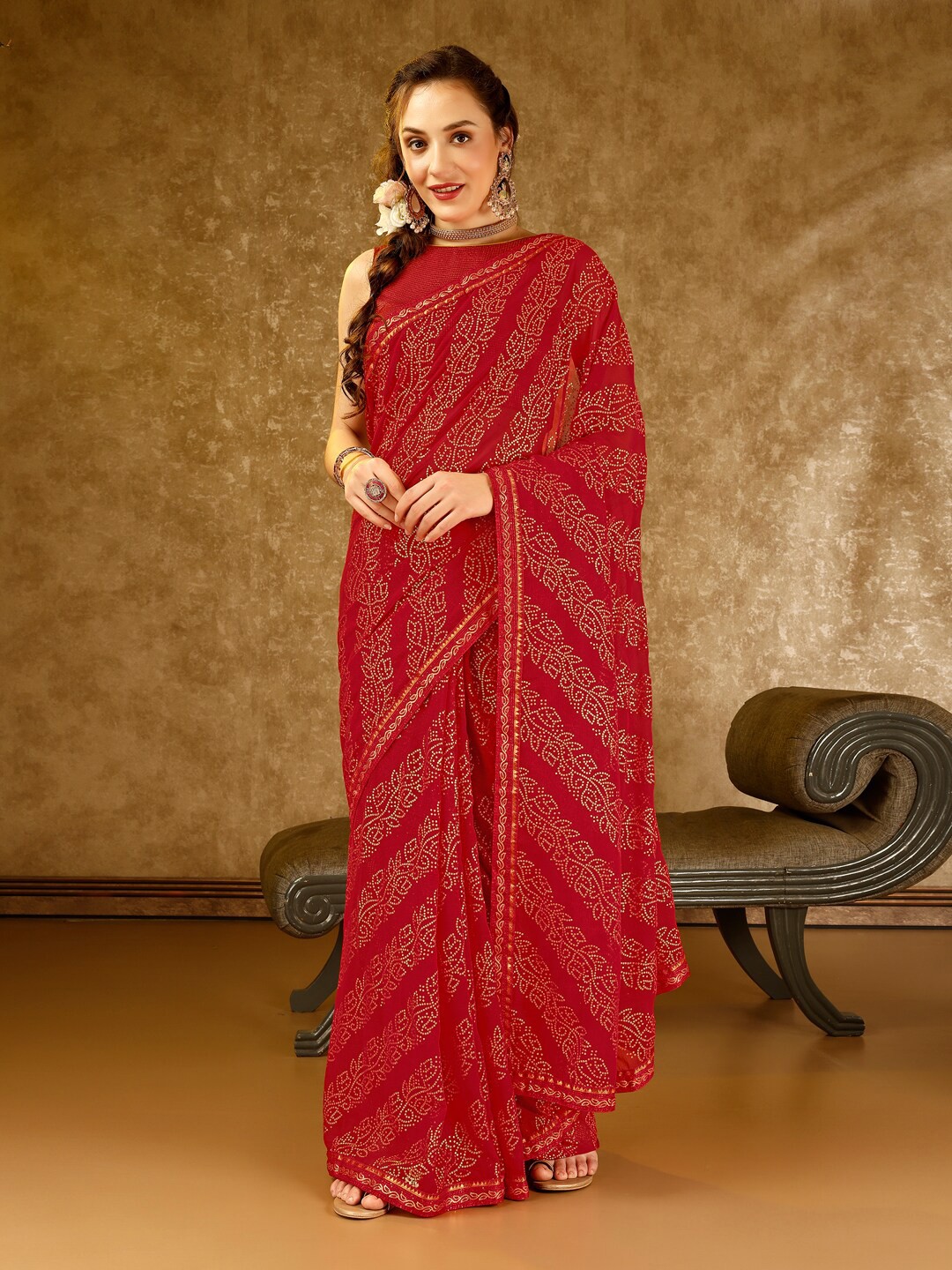 

HERE&NOW Bandhani Printed Pure Chiffon Saree, Red