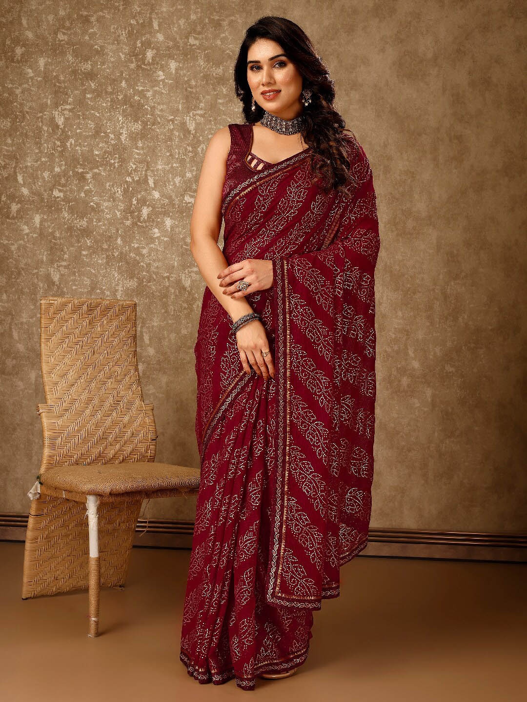 

HERE&NOW Bandhani Printed Pure Chiffon Saree, Maroon