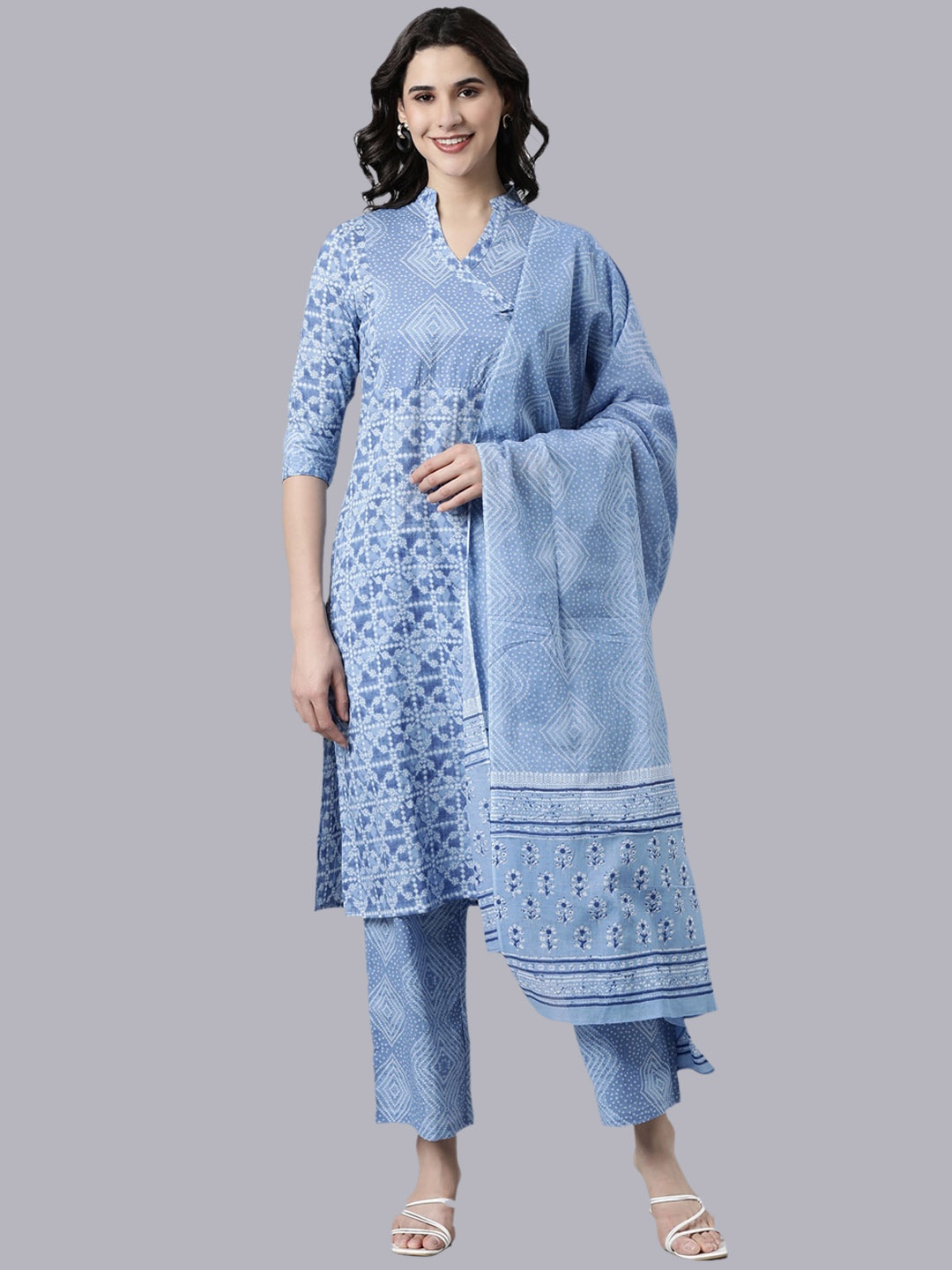 

Samhitas Ethnic Motifs Printed Mandarin Collar Pure Cotton Kurta With Trousers & Dupatta, Blue