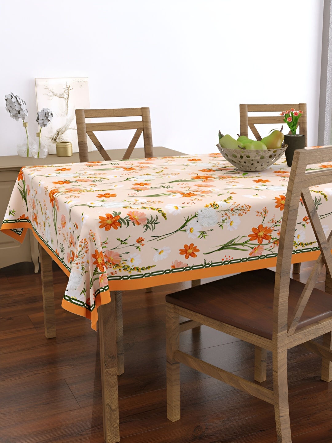 

EverHOME Peach-Coloured Floral Printed Anti-Skid Rectangle Cotton 4-Seater Table Cover