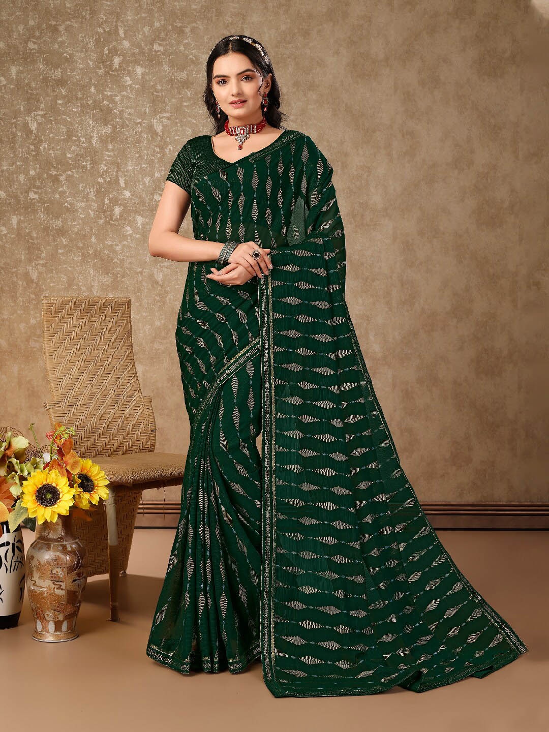 

HERE&NOW Geometric Printed Pure Chiffon Saree, Green