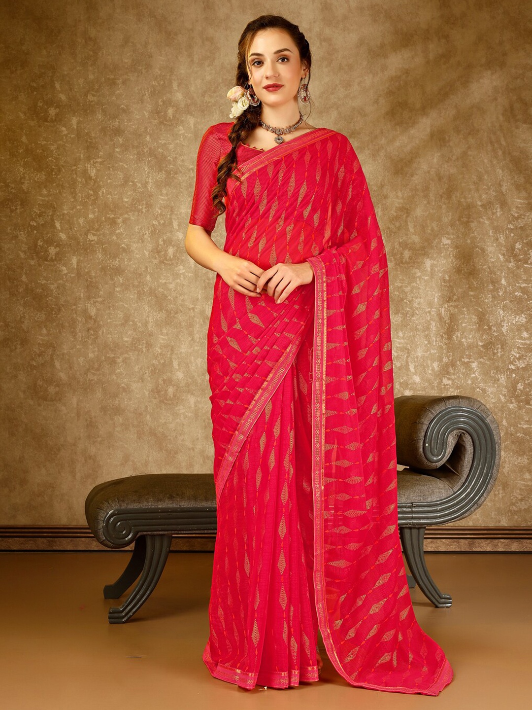 

HERE&NOW Striped Pure Chiffon Saree, Pink