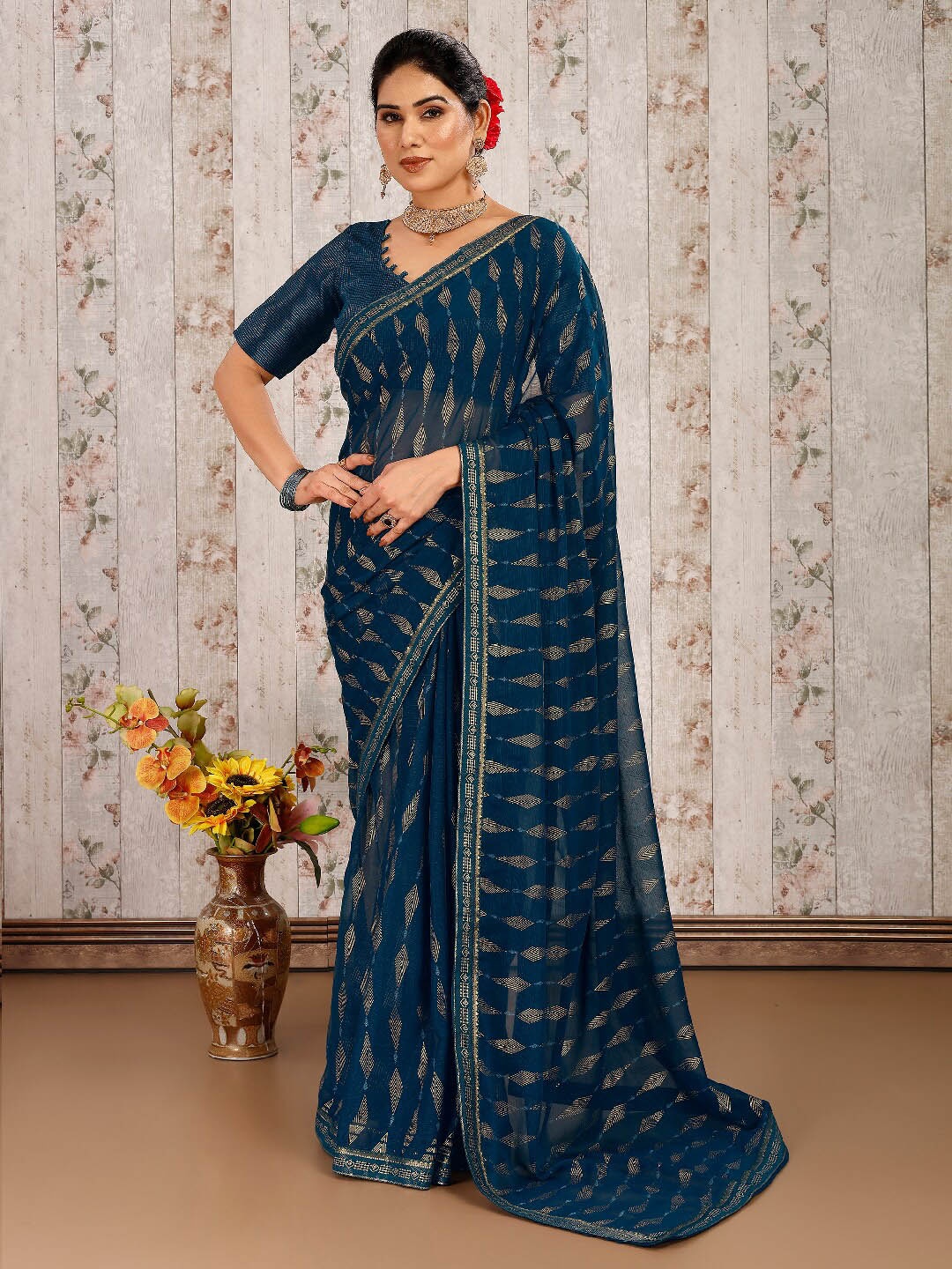 

HERE&NOW Geometric Embellished Pure Chiffon Saree, Blue