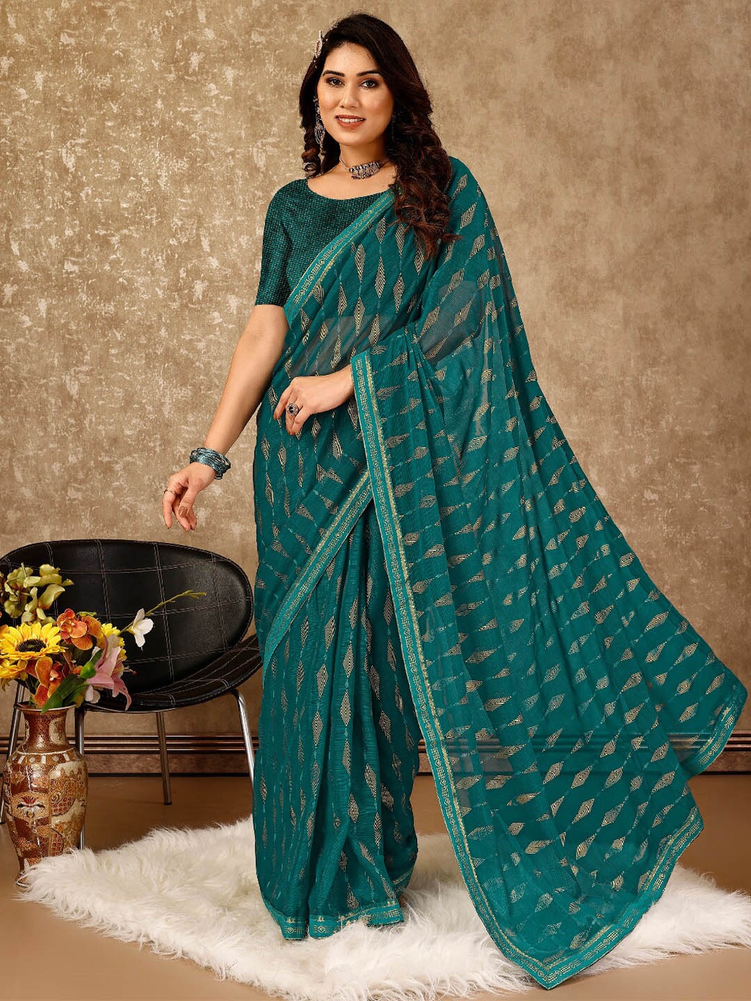 

HERE&NOW Geometric Printed Pure Chiffon Saree, Teal