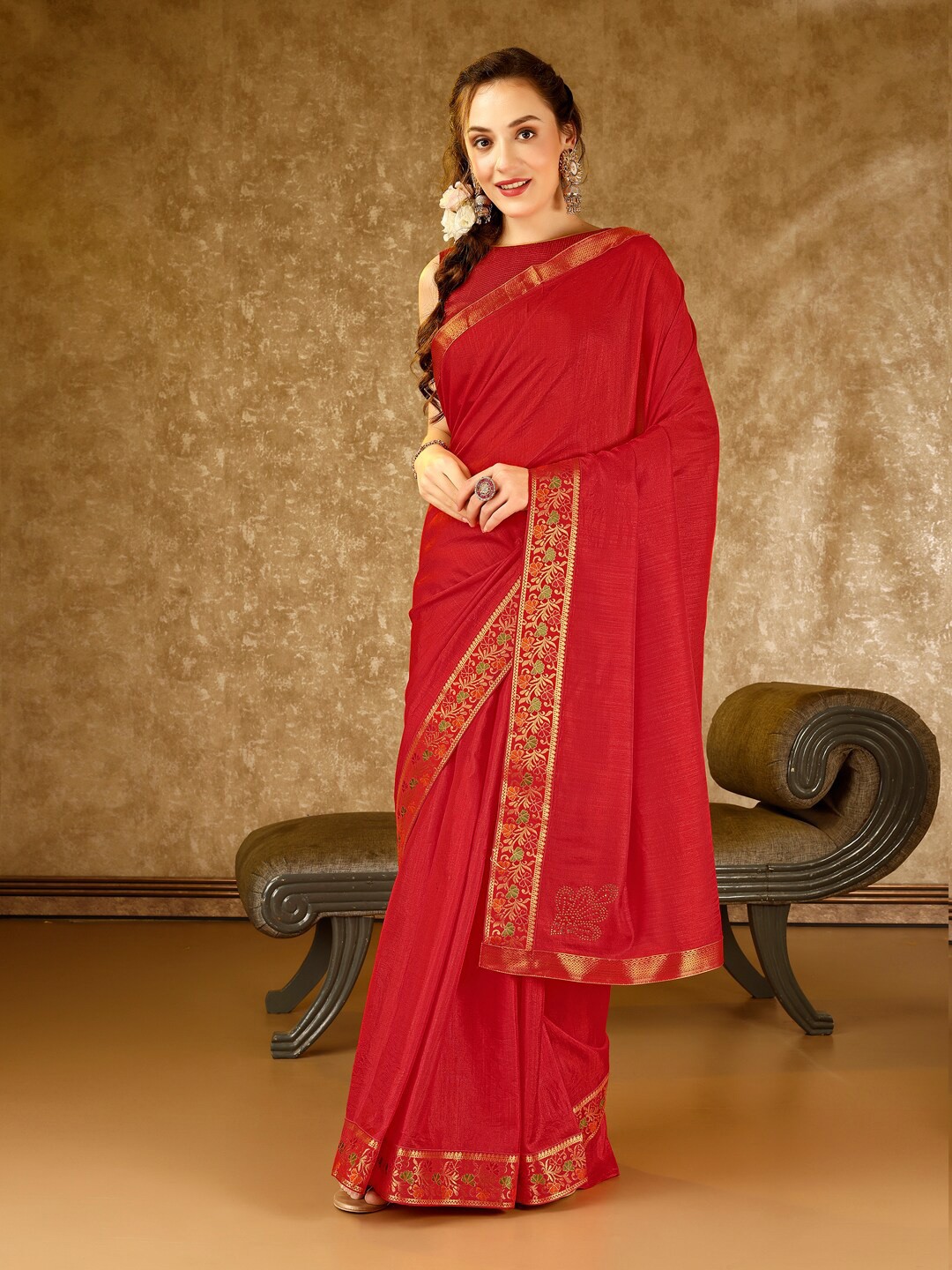 

HERE&NOW Pure Chiffon Zari Saree, Red