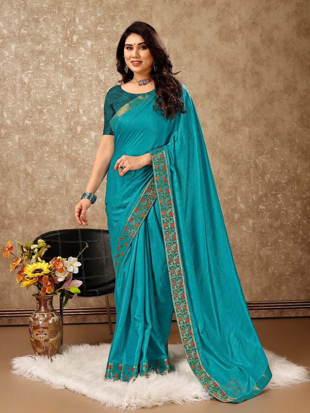

HERE&NOW Zari Pure Chiffon Saree, Turquoise blue