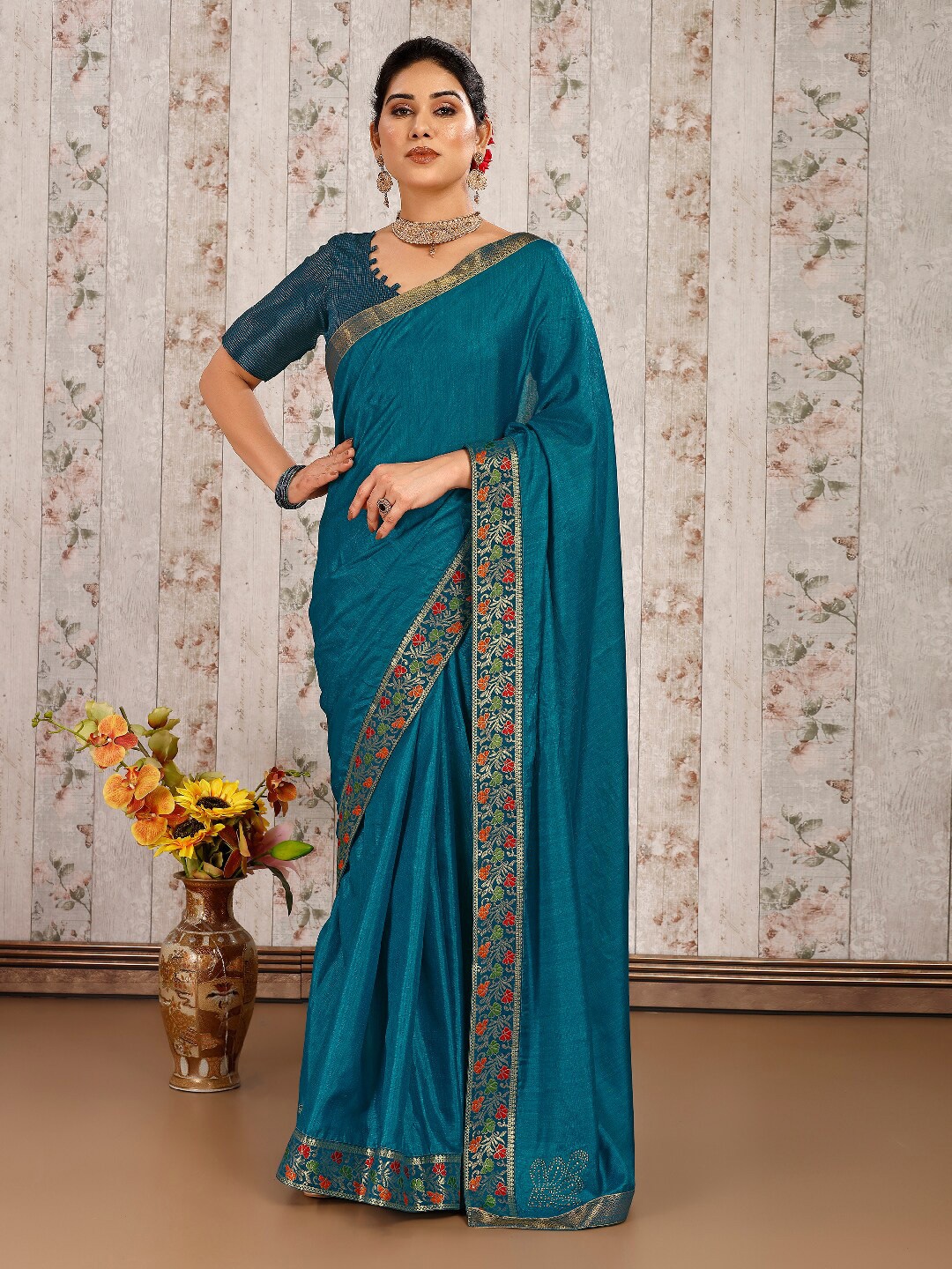 

HERE&NOW Zari Pure Chiffon Saree, Teal