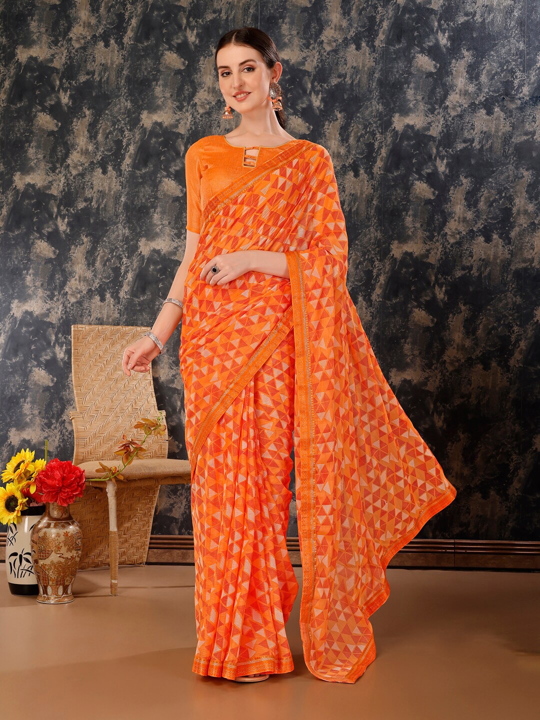

HERE&NOW Geometric Printed Pure Chiffon Saree, Orange