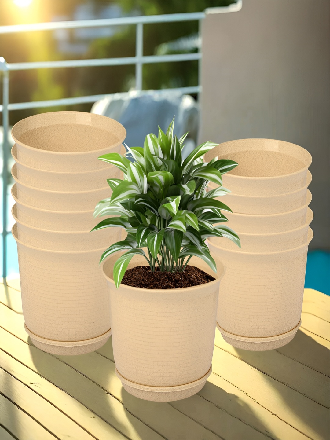 

Kuber Industries Beige 12 Pieces Marble Finish Planters With Tray