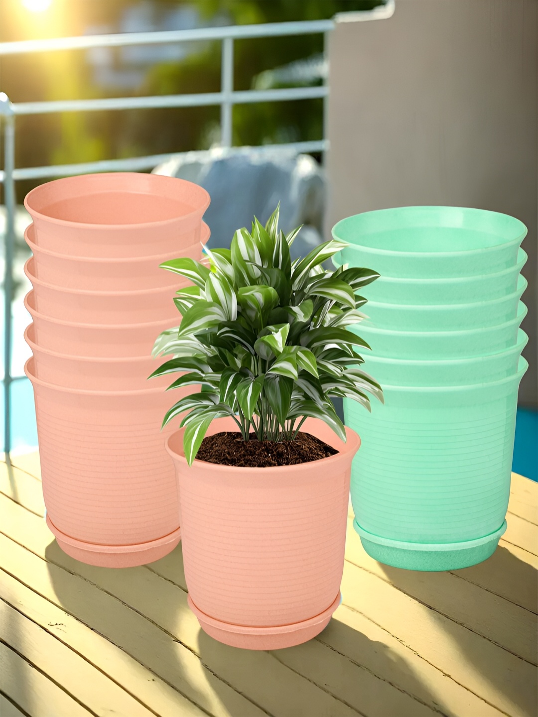 

Kuber Industries Peach & Green 12 Pieces Marble Finish Planters With Tray