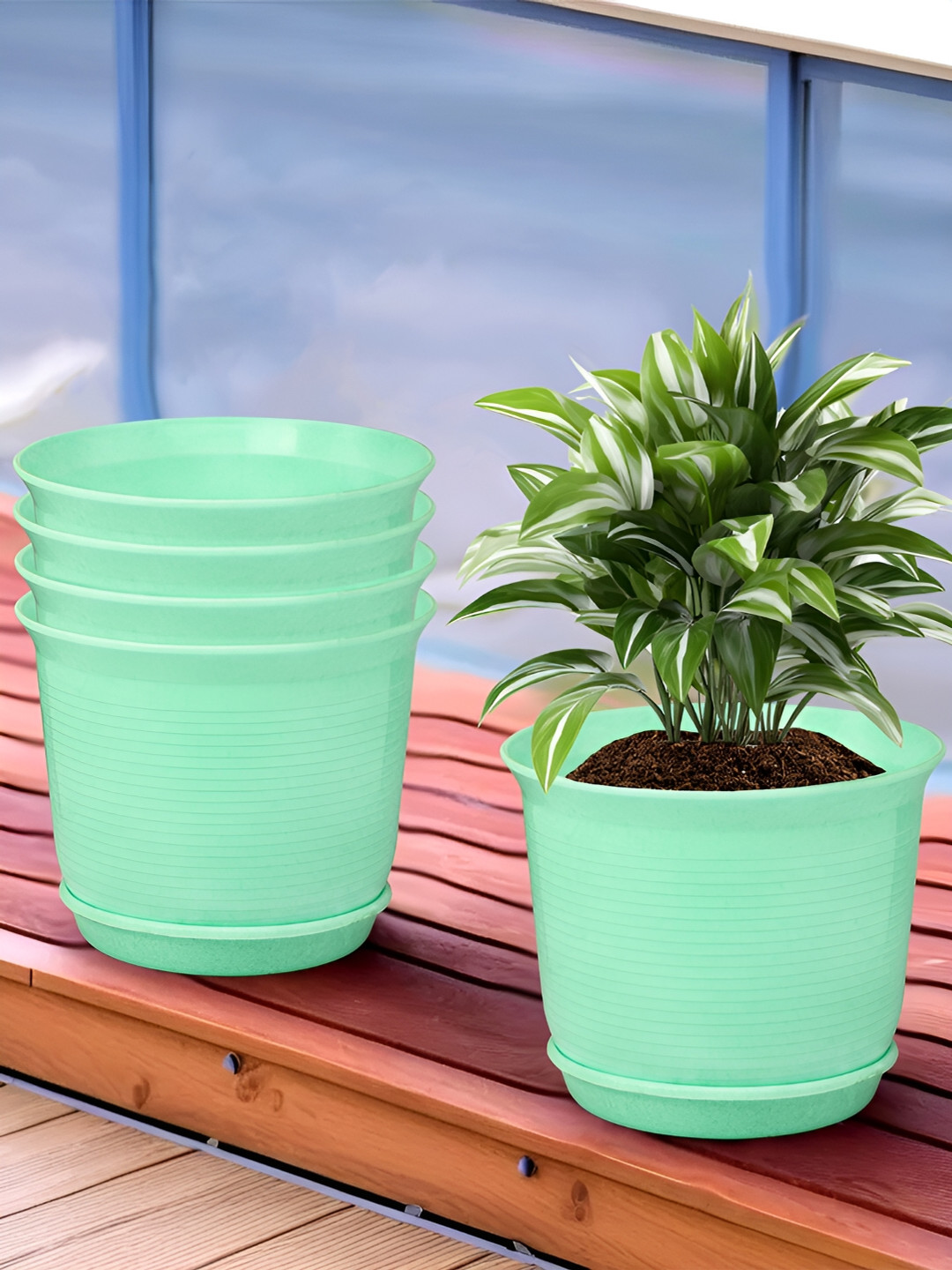 

Kuber Industries Green 5 Pieces Marble Finish Planters With Tray