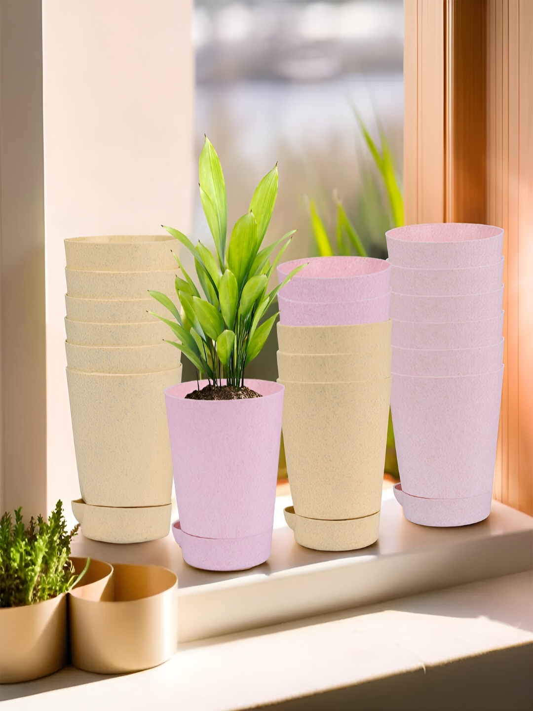 

Kuber Industries Beige & Pink 18 Pieces Marble Finish Planters