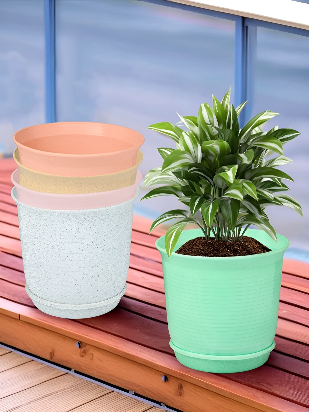 

Kuber Industries White & Pink 5 Pieces Marble Finish Planters With Tray, Green
