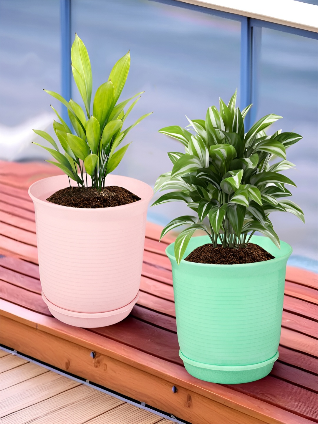 

Kuber Industries Marble Sawera Green & Pink 2 Pieces Textured Planters With Tray
