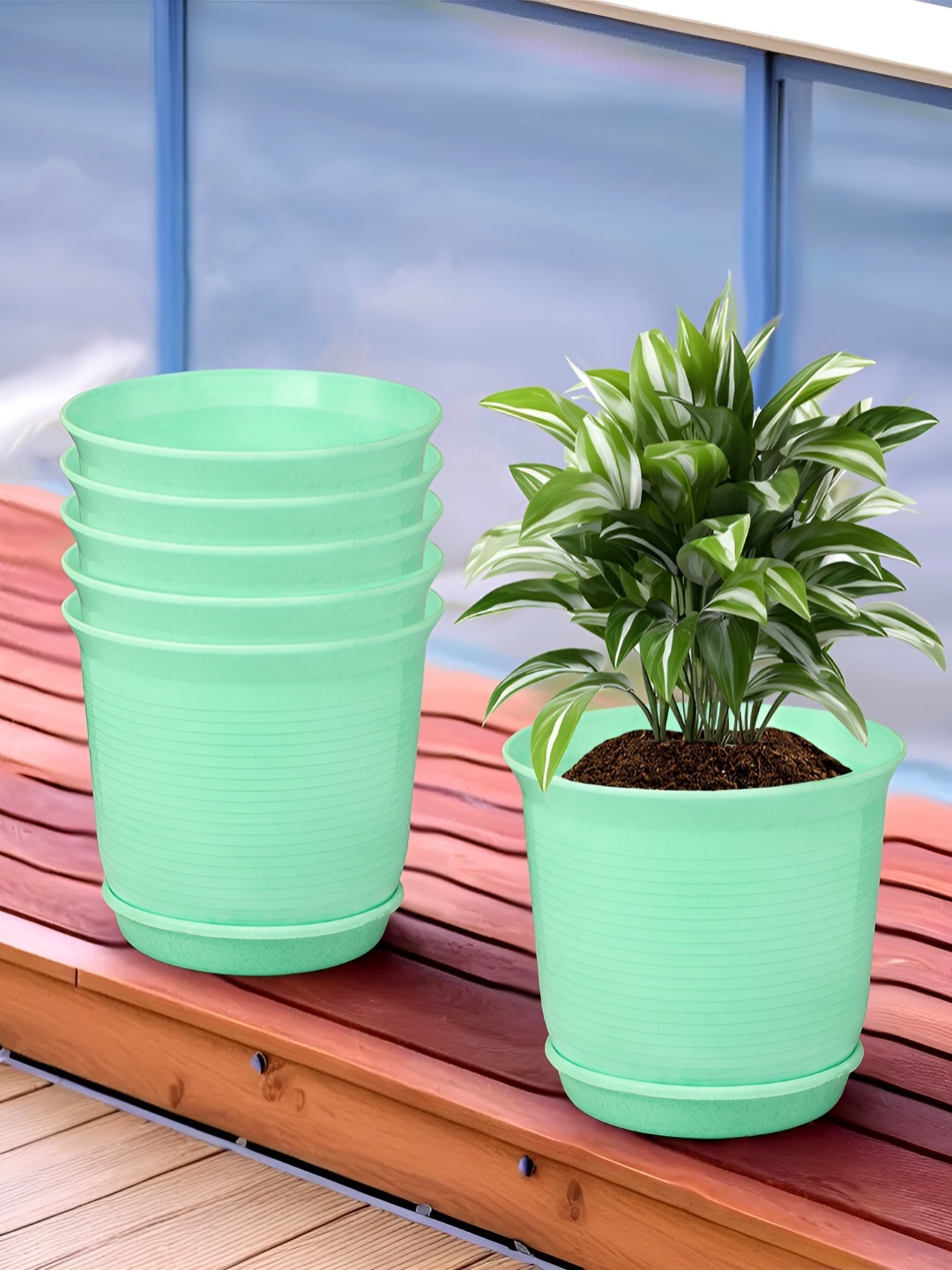 

Kuber Industries Green 6 Pieces Marble Finish Planters With Tray