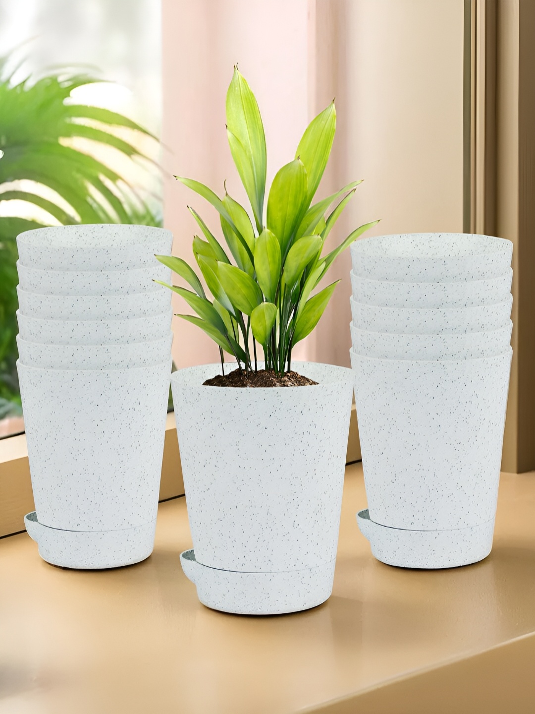 

Kuber Industries White 12 Pieces Marble Finish Planters With Tray
