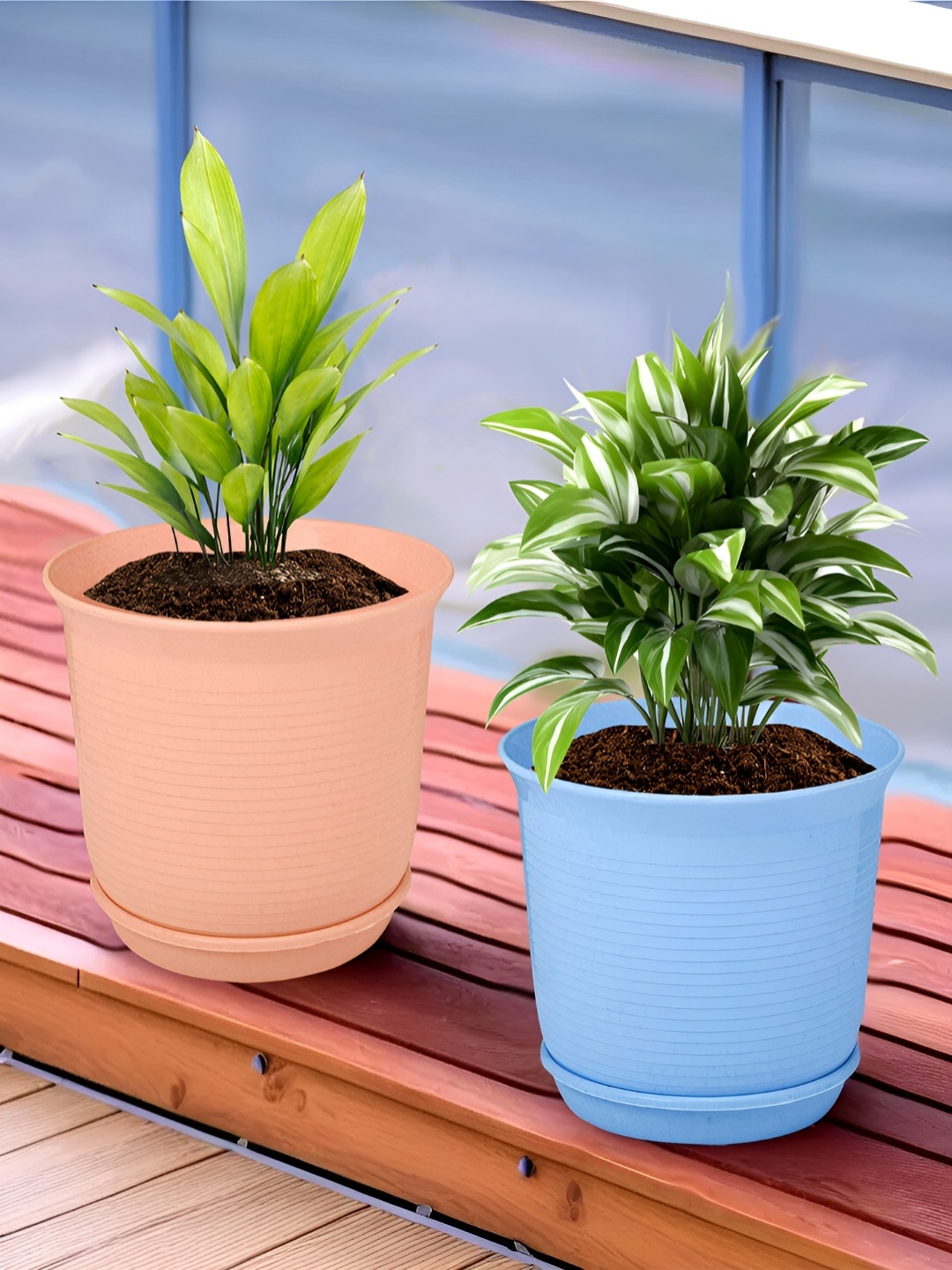 

Kuber Industries Blue & Peach 2 Pieces Marble Finish Planters With Tray