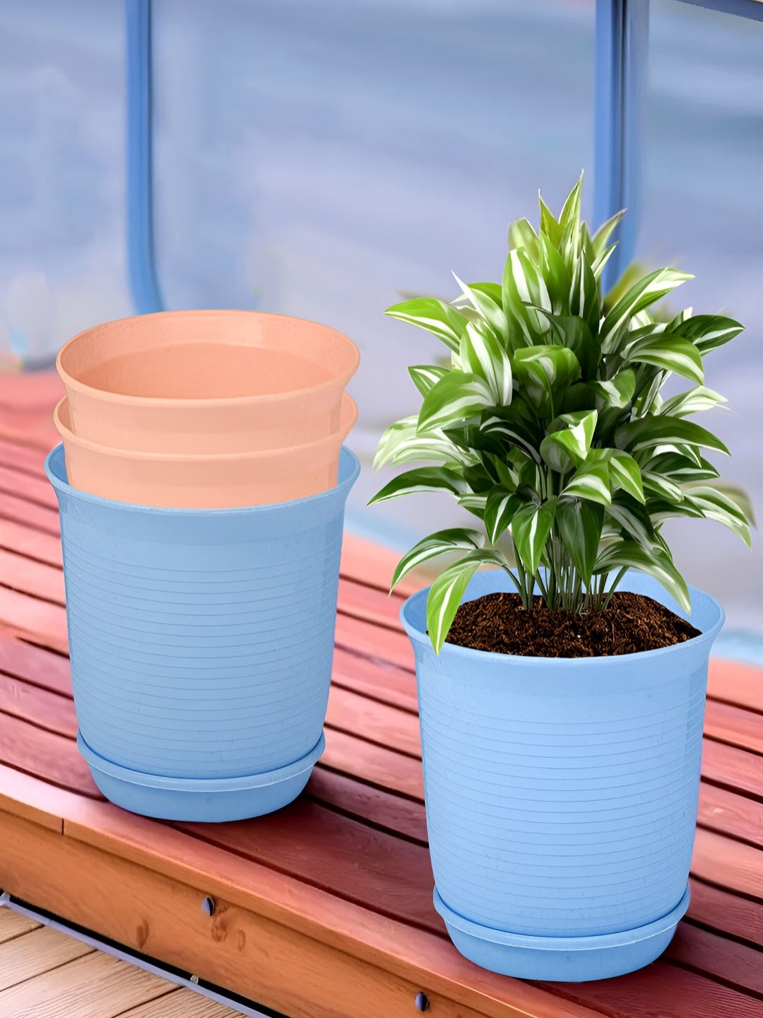 

Kuber Industries Blue & Peach 4 Pieces Marble Finish Planters With Tray