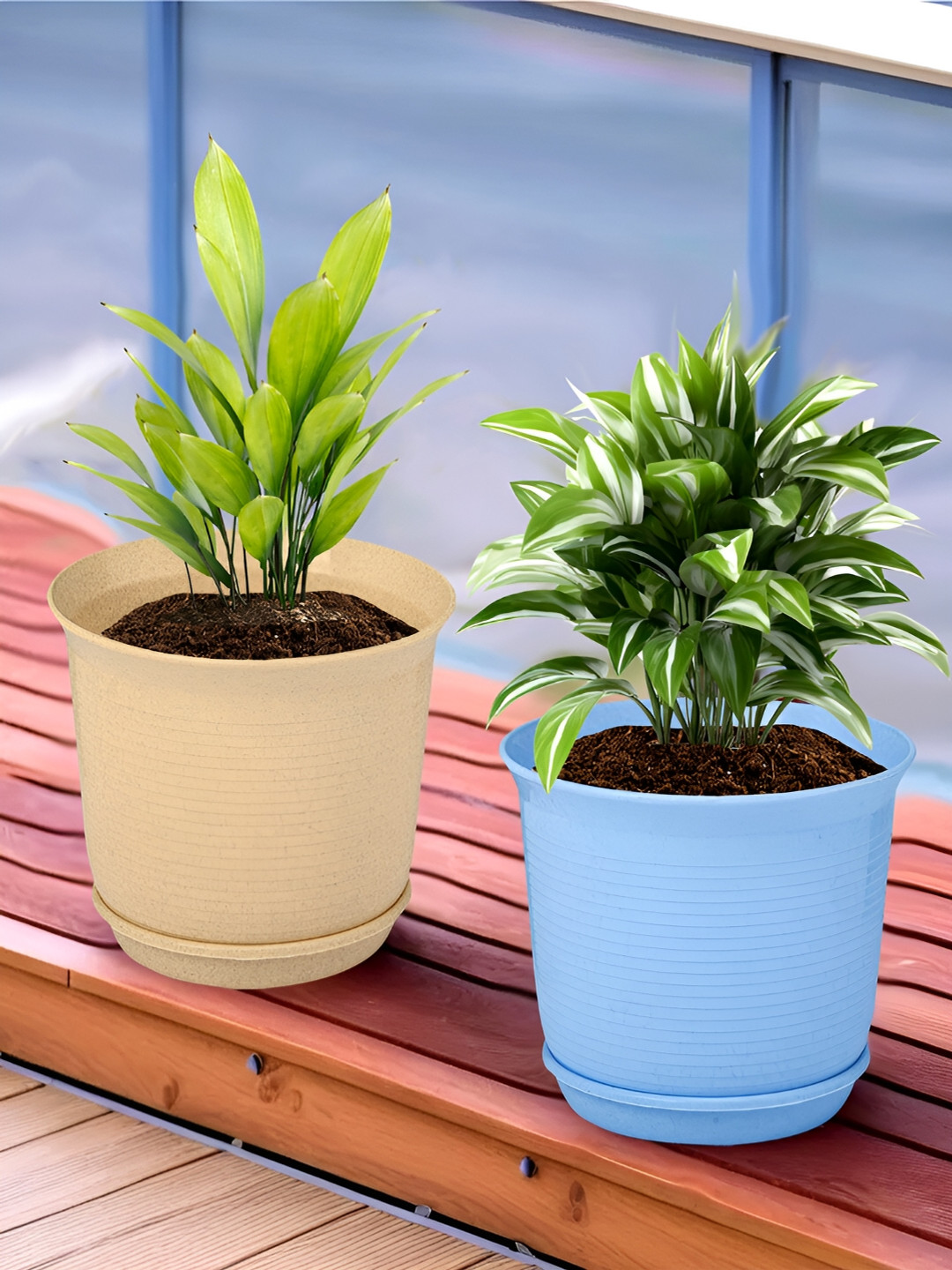

Kuber Industries Blue & Beige 2 Pieces Marble Finish Planters With Tray