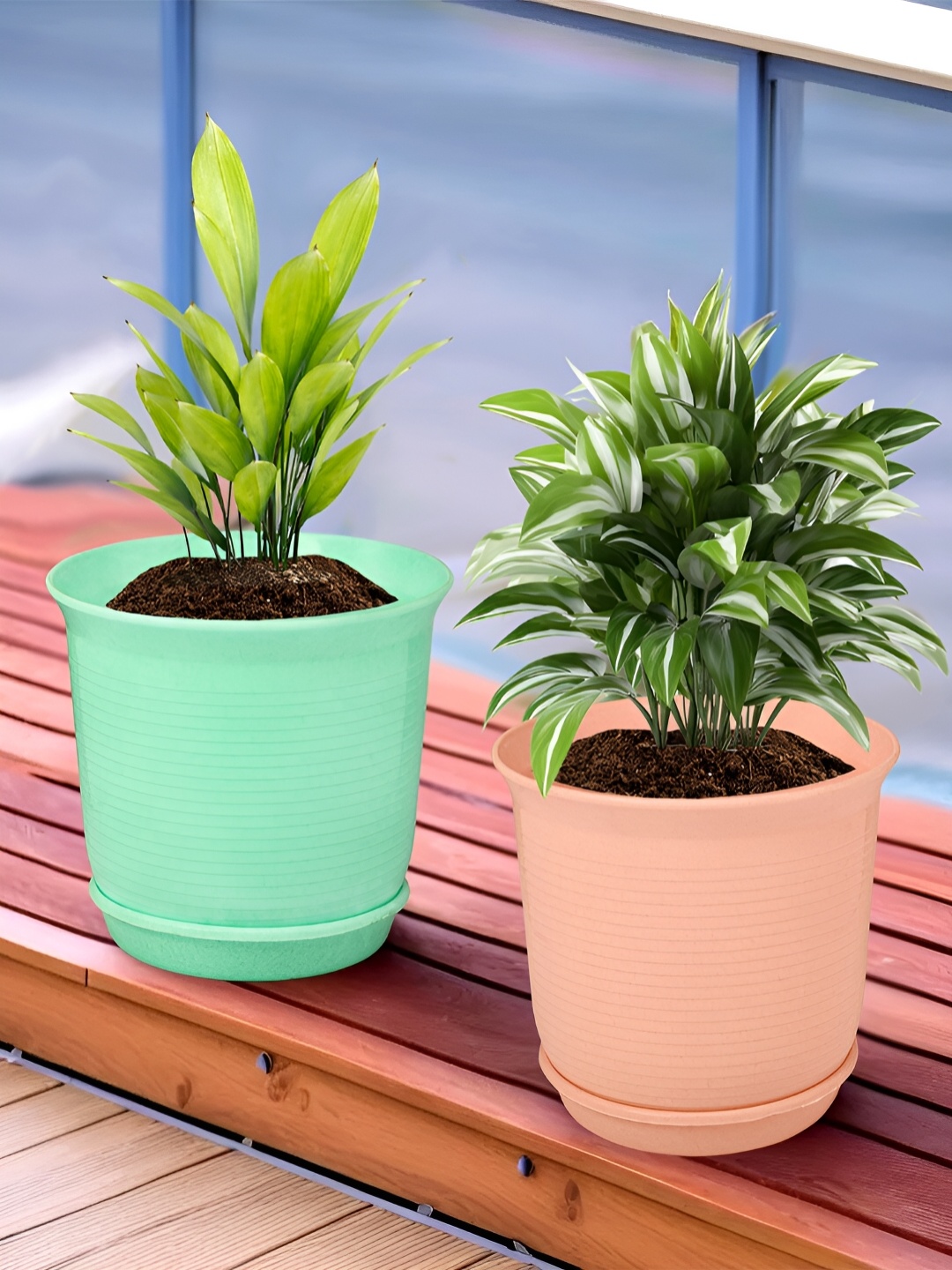 

Kuber Industries Peach & Green 2 Pieces Marble Finish Planters With Tray