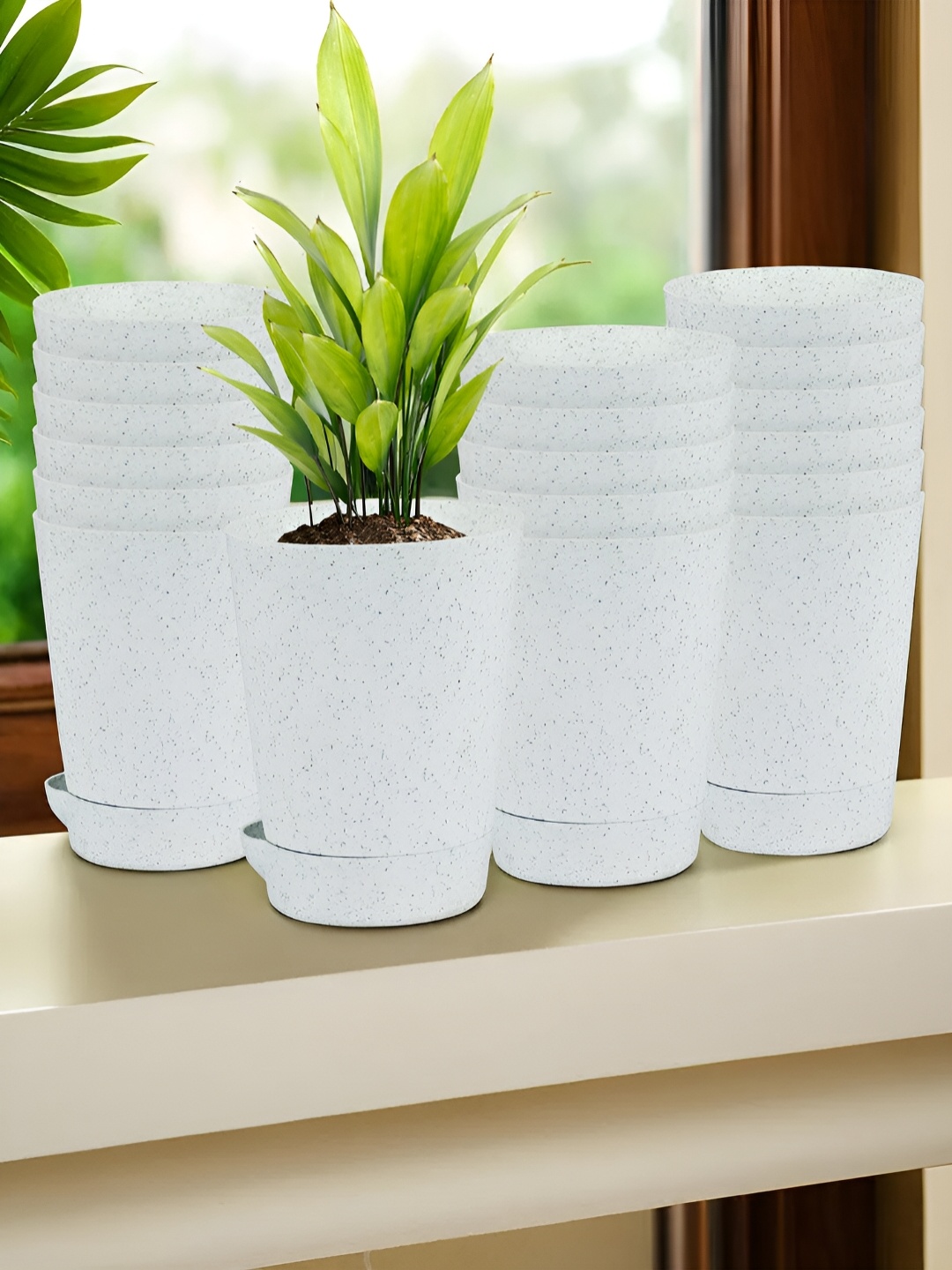 

Kuber Industries White 18 Pieces Marble Finish Planters With Tray