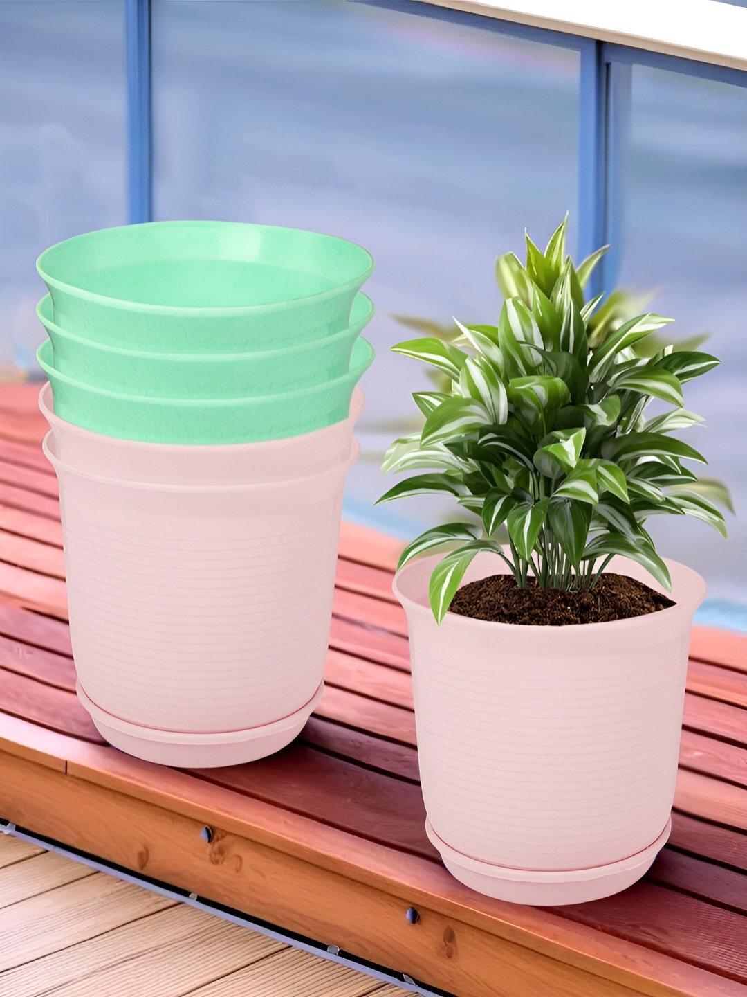 

Kuber Industries Marble Sawera Green & Pink 6 Pieces Planters With Tray