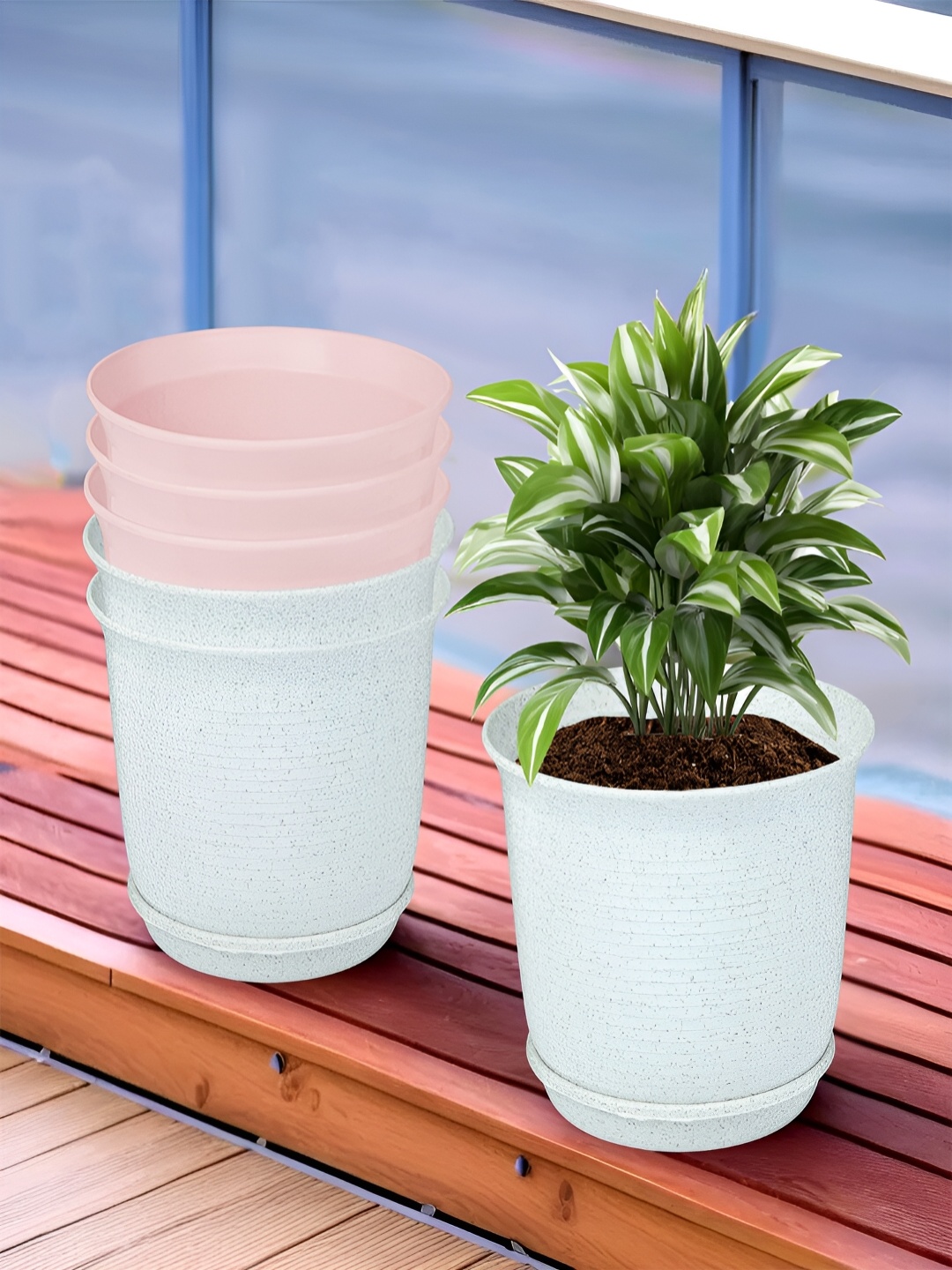 

Kuber Industries White & Pink 6 Pieces Marble Finish Planters With Tray