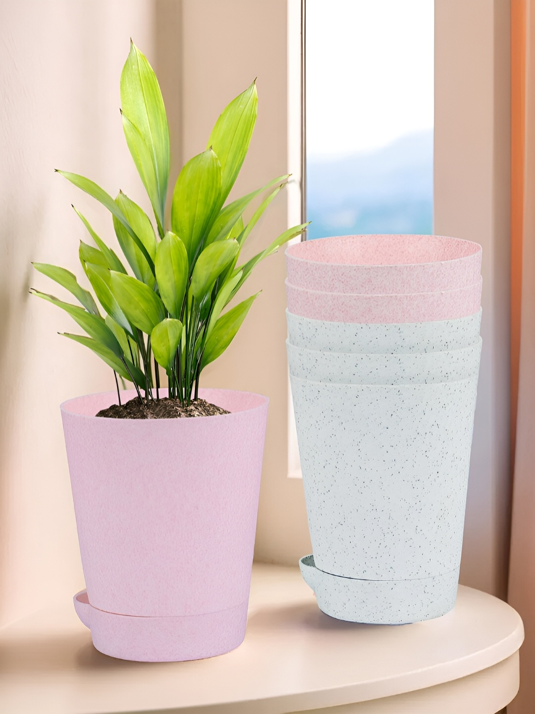 

Kuber Industries White & Pink 6 Pieces Marble Finish Planters With Tray