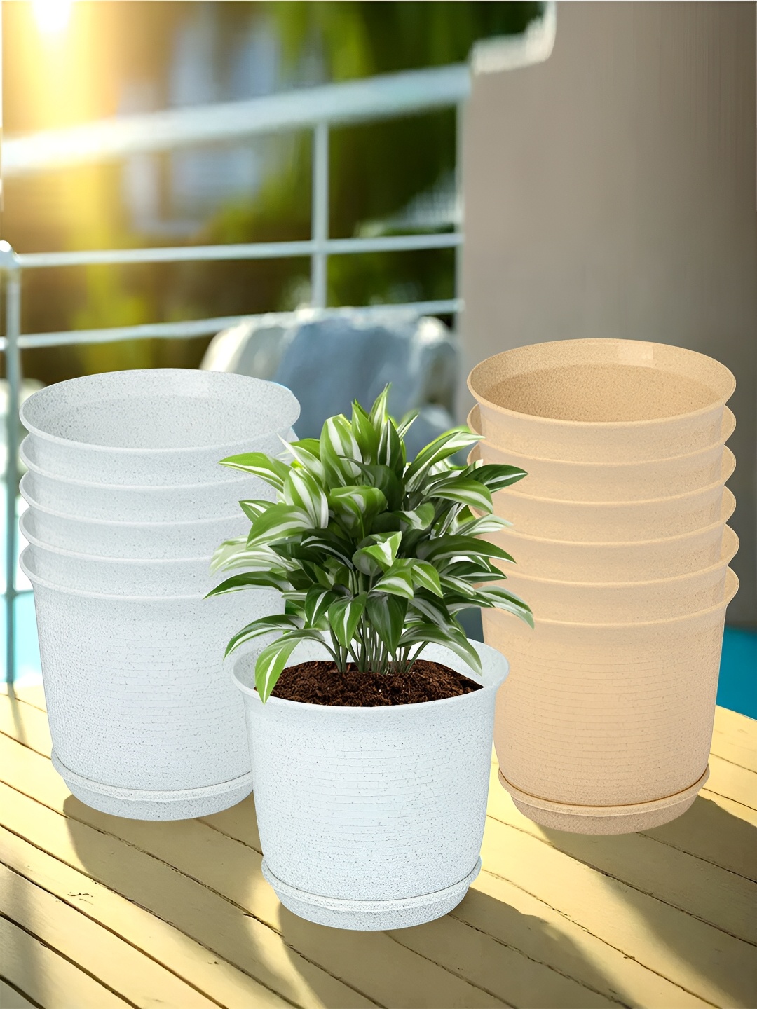 

Kuber Industries White & Beige 12 Pieces Marble Finish Planters With Tray