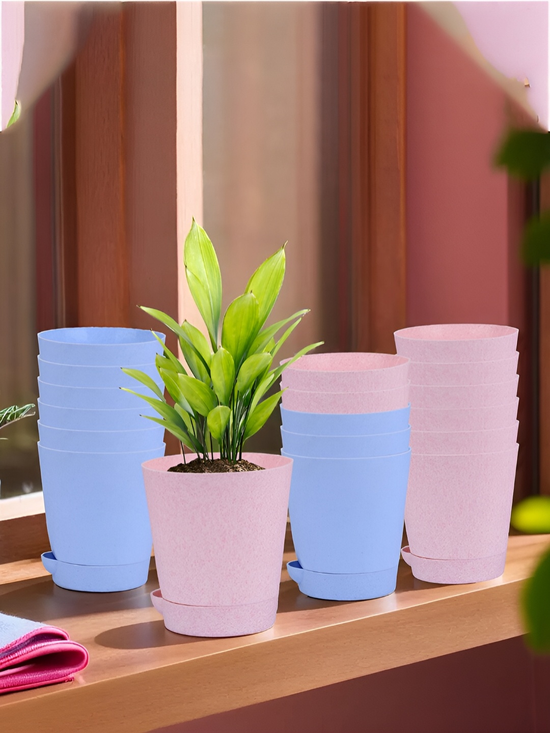 

Kuber Industries Blue & Pink 18 Pieces Marble Finish Planters With Tray