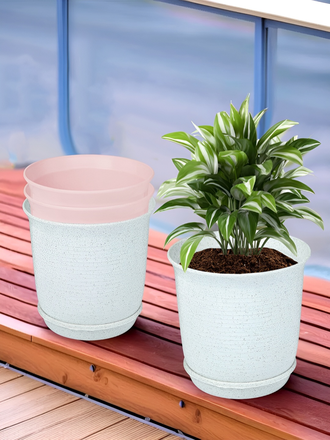 

Kuber Industries White & Pink 4 Pieces Marble Finish Planters With Tray