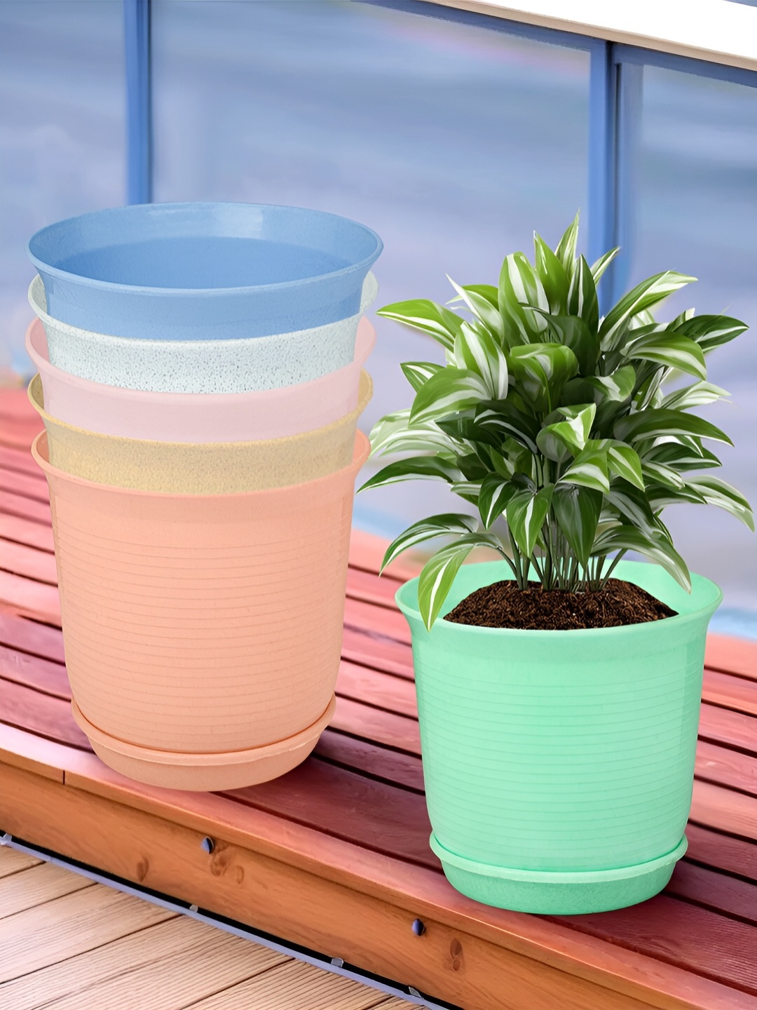 

Kuber Industries White & Pink 6 Pieces Marble Finish Planters With Tray