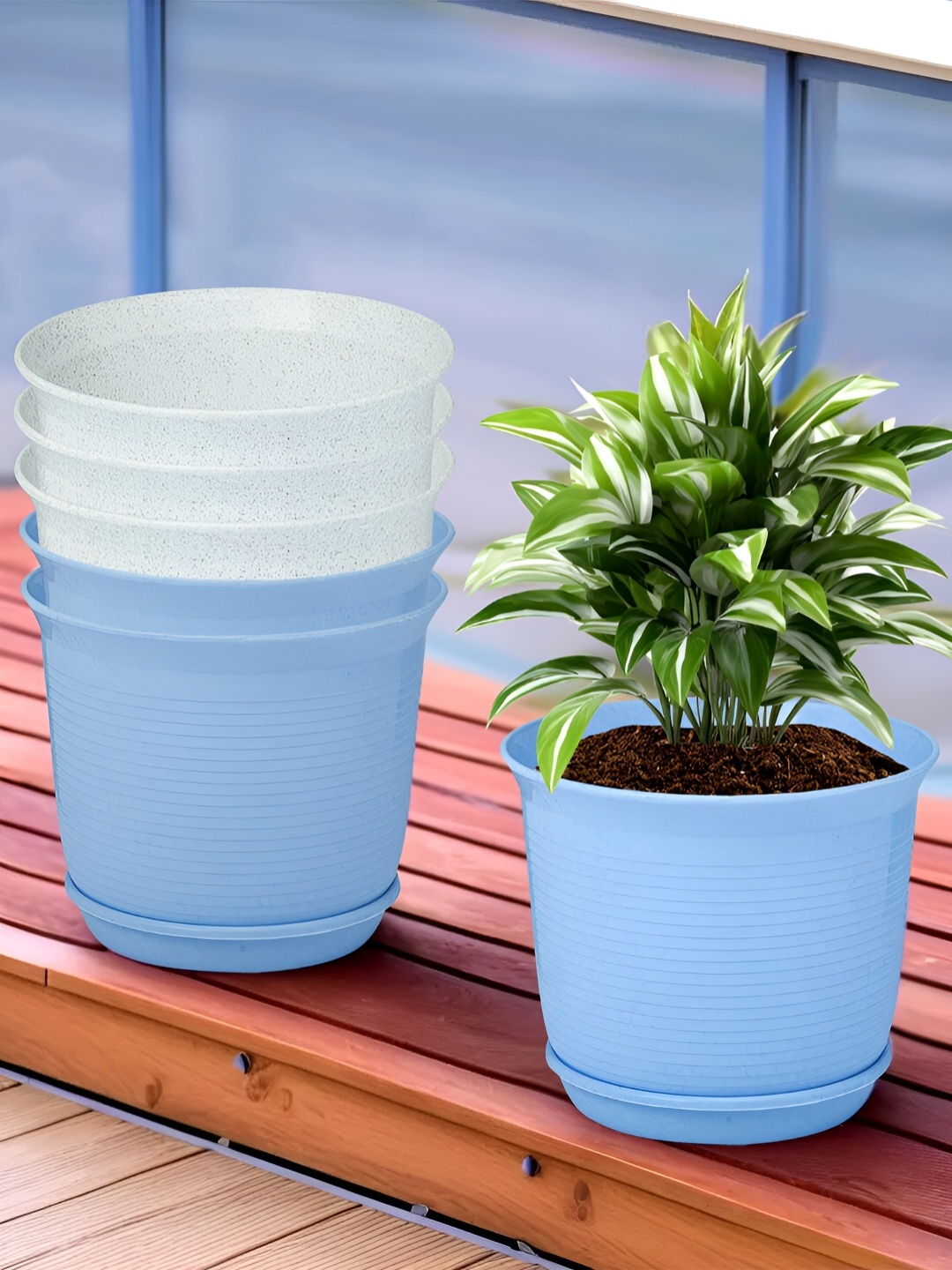 

Kuber Industries White & Blue 6 Pieces Marble Finish Planters With Tray