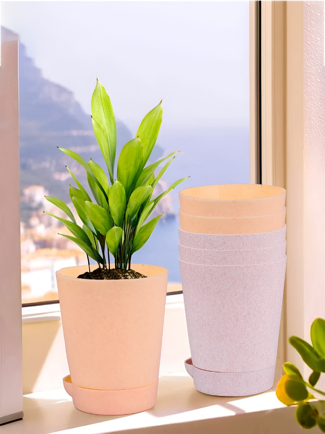 

Kuber Industries Peach & Pink 6 Pieces Marble Finish Planters With Tray