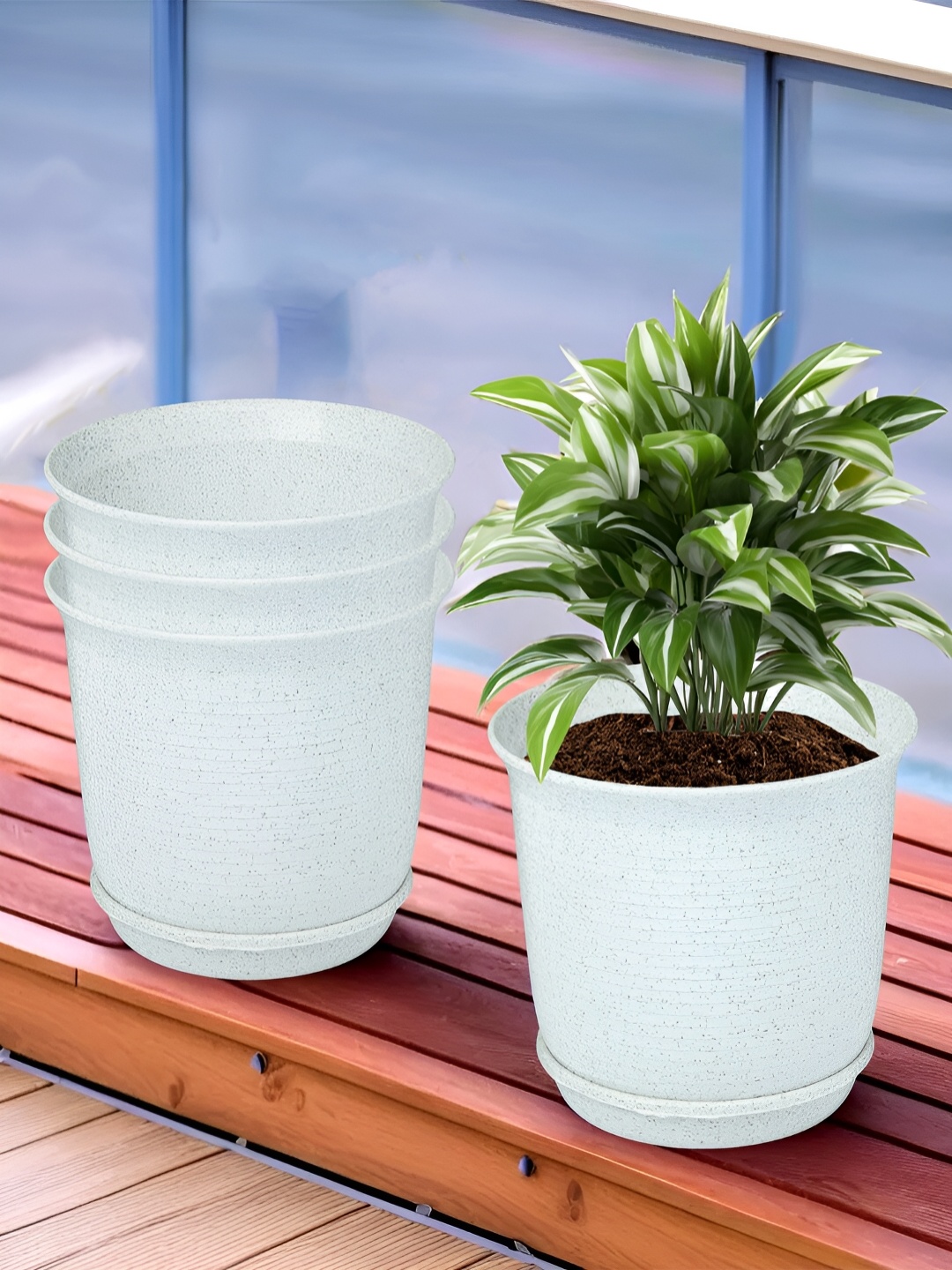 

Kuber Industries Marble Sawera White 4 Pieces Textured Planters With Tray