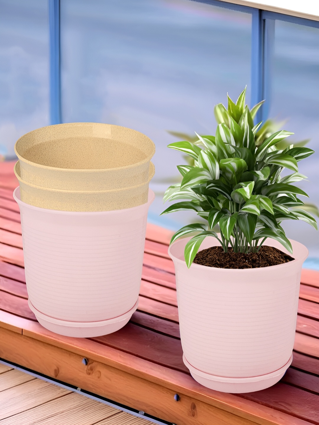 

Kuber Industries Beige & Pink 4 Pieces Marble Finish Planters With Tray