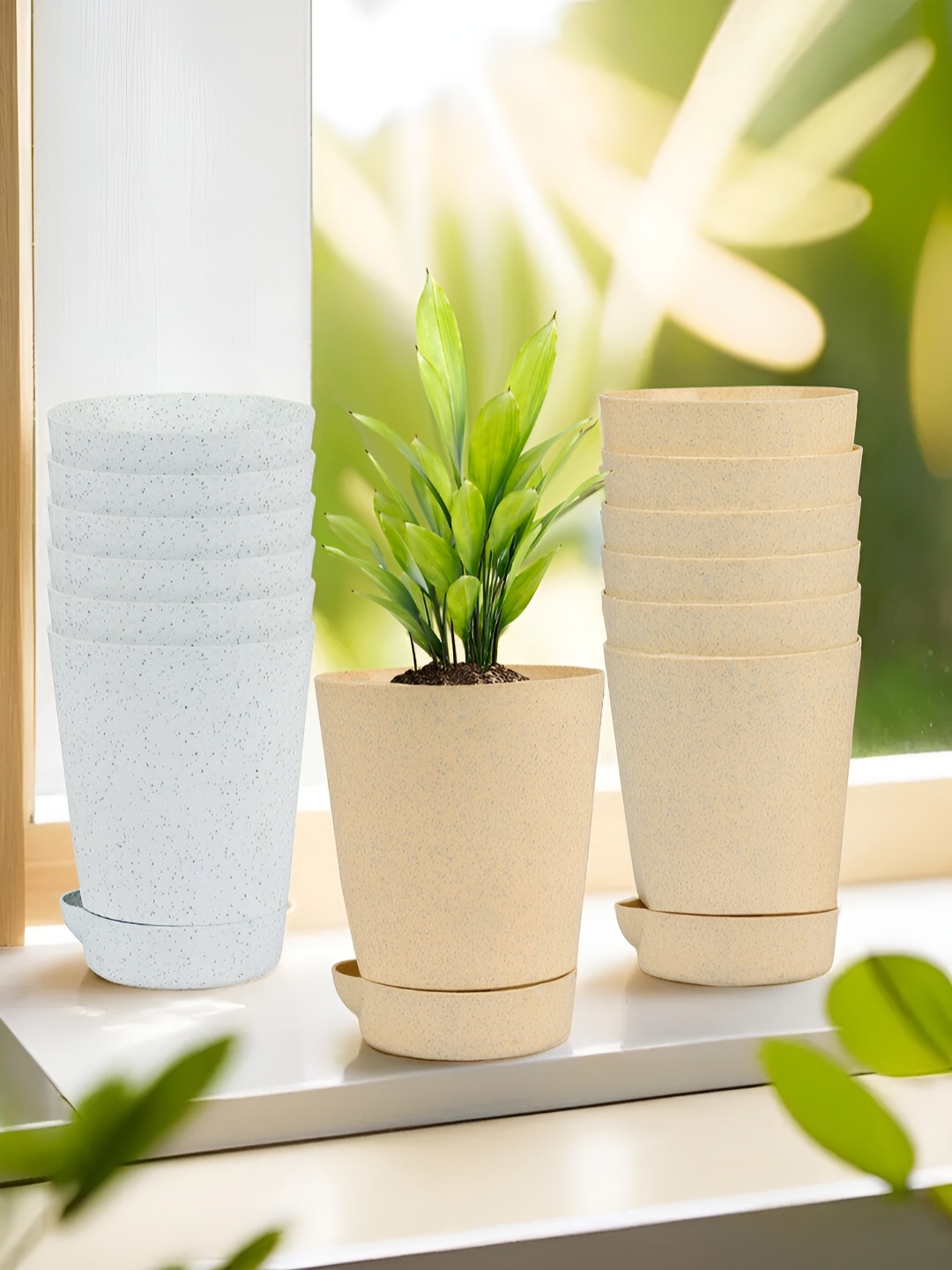 

Kuber Industries Marble Titan White & Beige 12 Pieces Planters With Tray