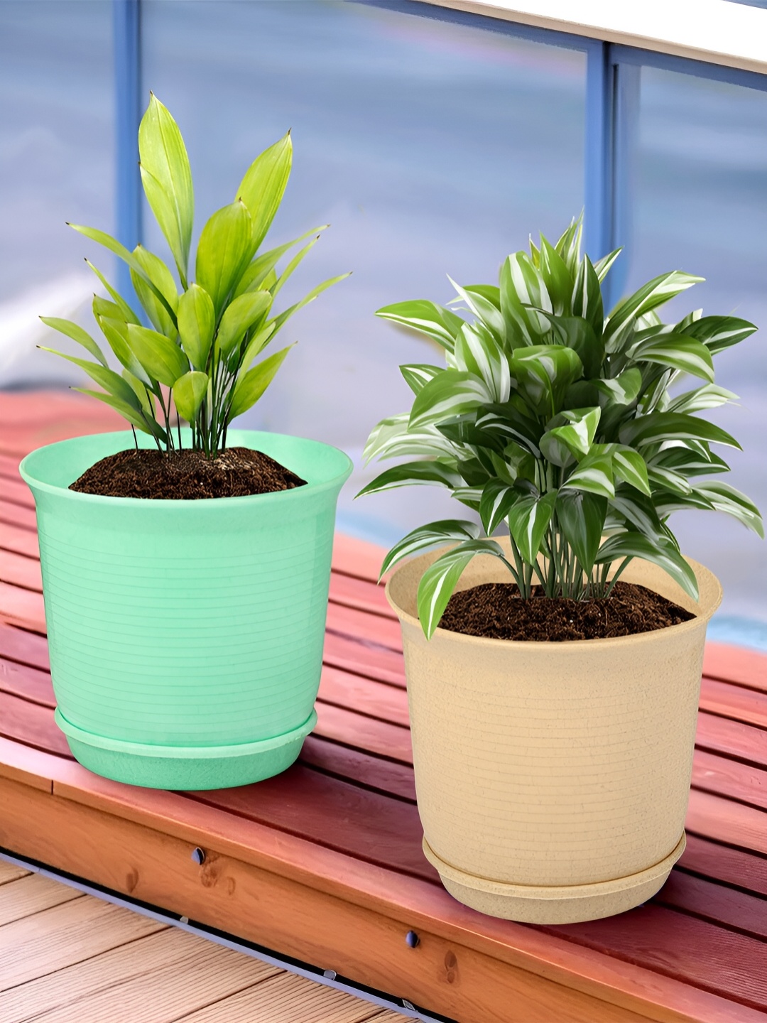 

Kuber Industries Marble Sawera Beige & Green 2 Pieces Textured Planters With Tray