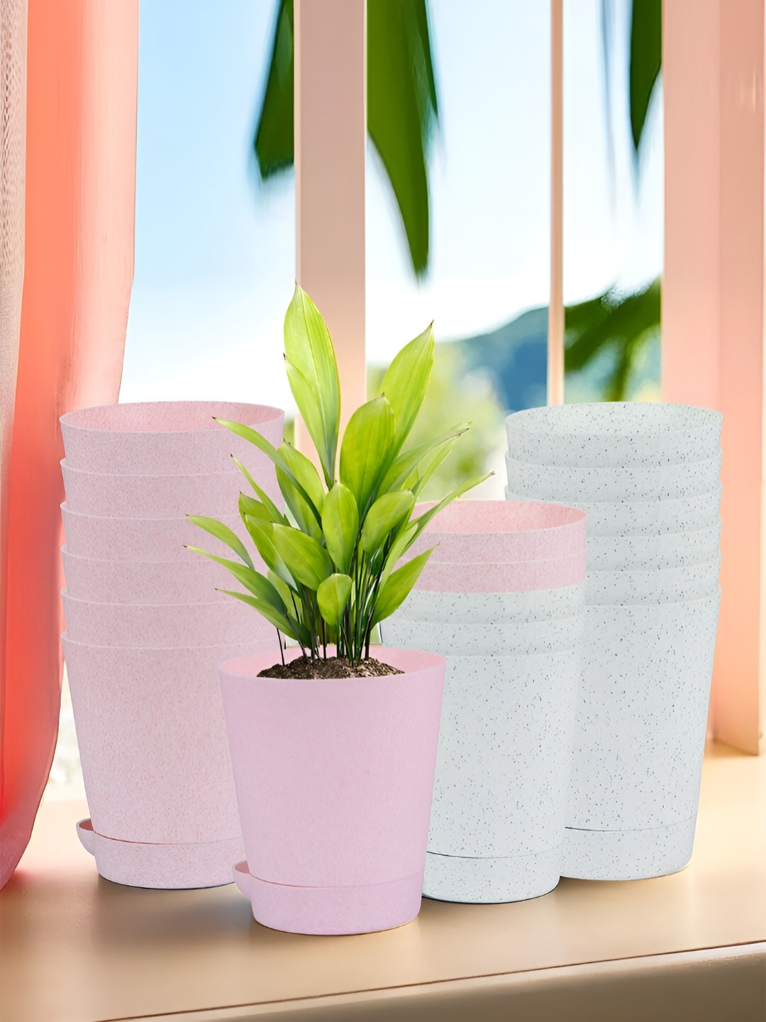 

Kuber Industries Marble Titan White & Pink 18 Pieces Planters With Tray