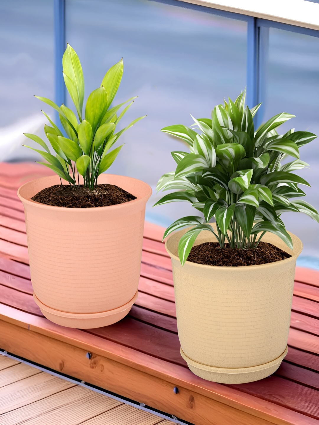 

Kuber Industries Peach & Beige 2 Pieces Marble Finish Planters With Tray