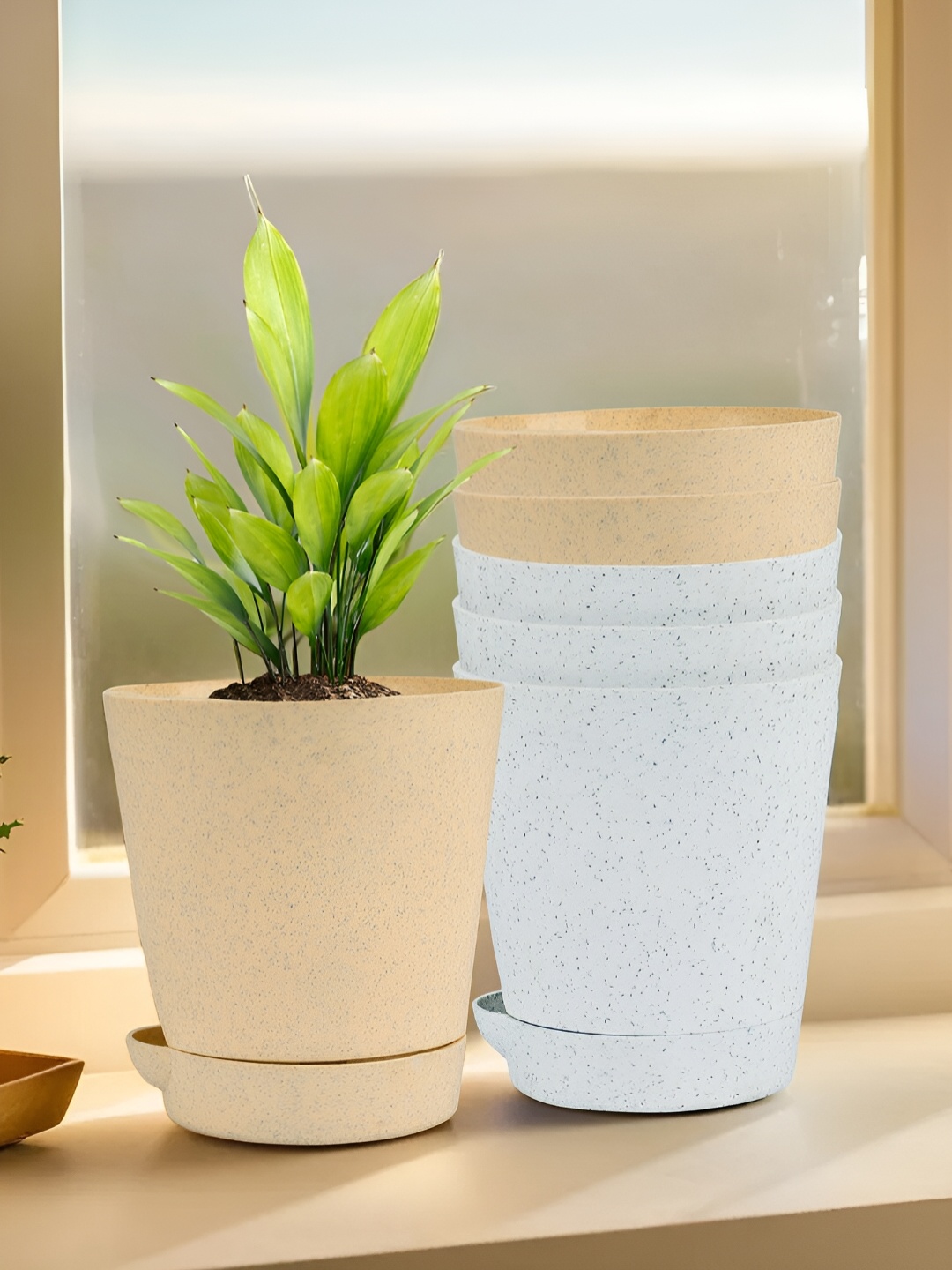

Kuber Industries Marble Titan White & Beige 6 Pieces Planters With Tray