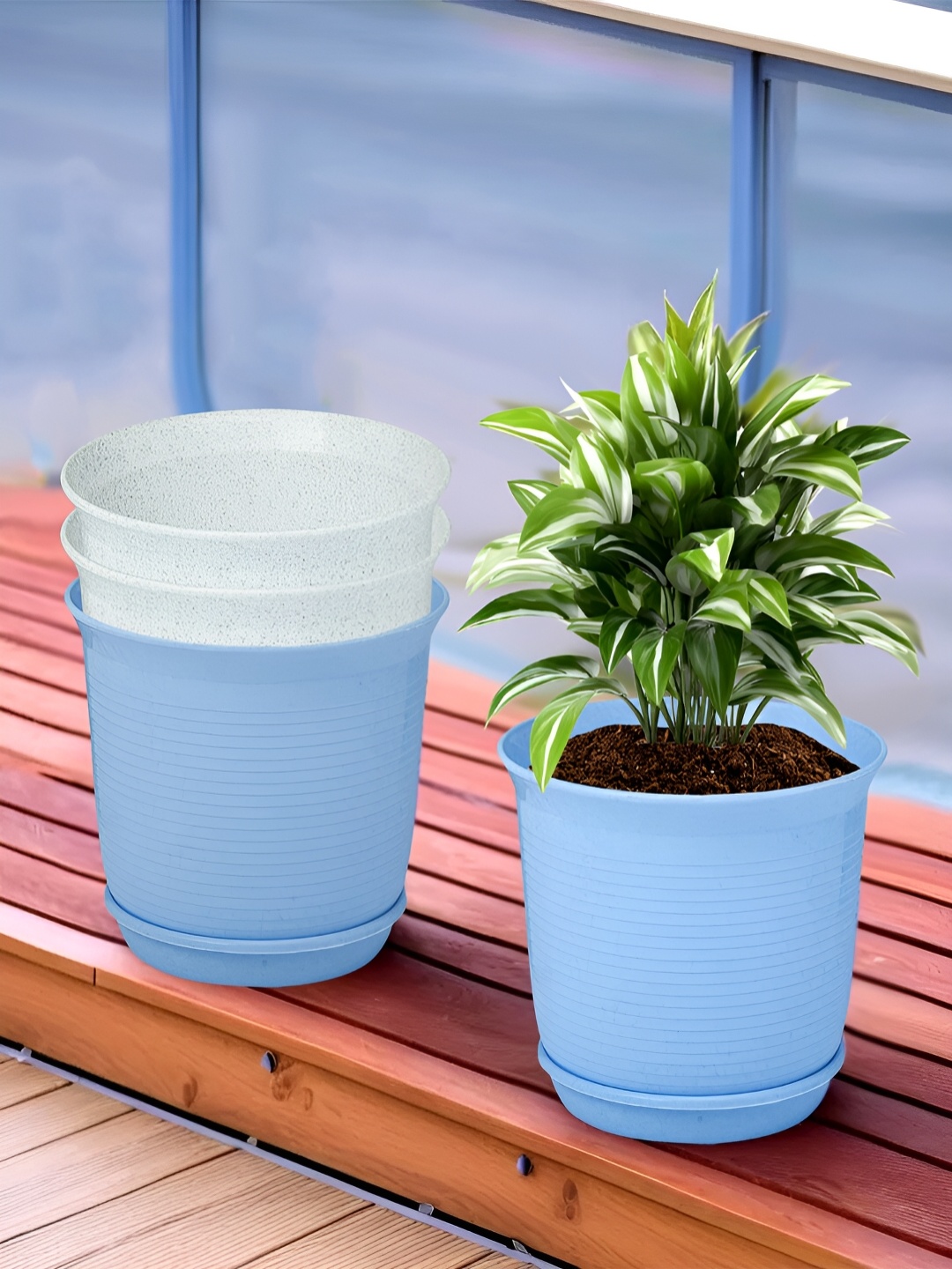 

Kuber Industries White & Blue 4 Pieces Marble Finish Planters With Tray
