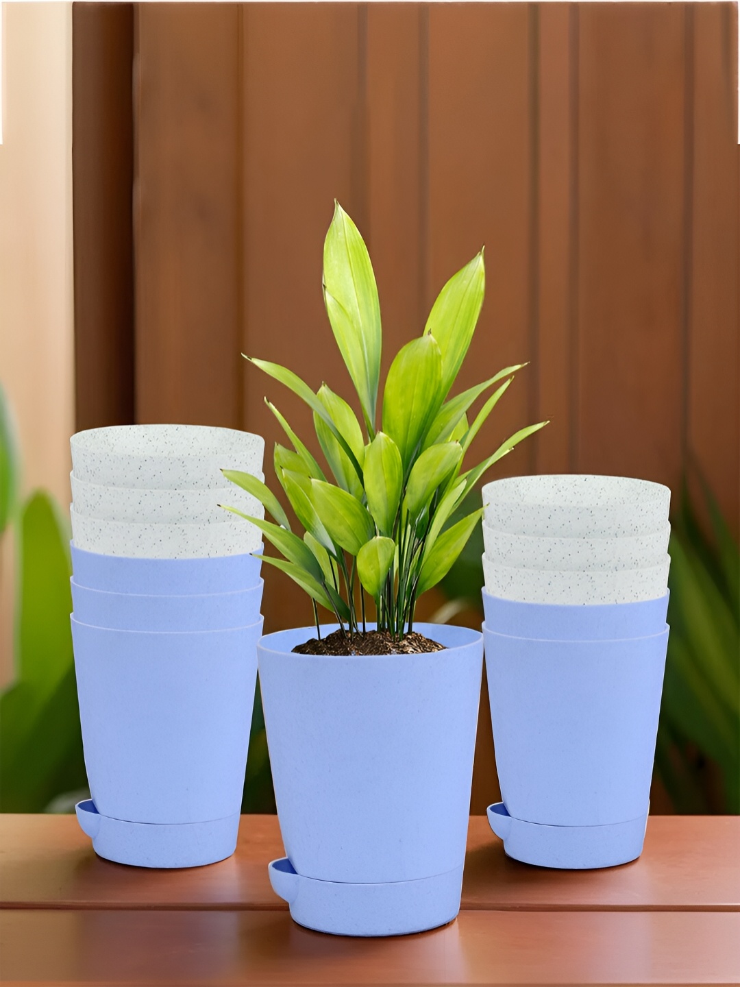 

Kuber Industries White & Blue 12 Pieces Marble Finish Planters With Tray