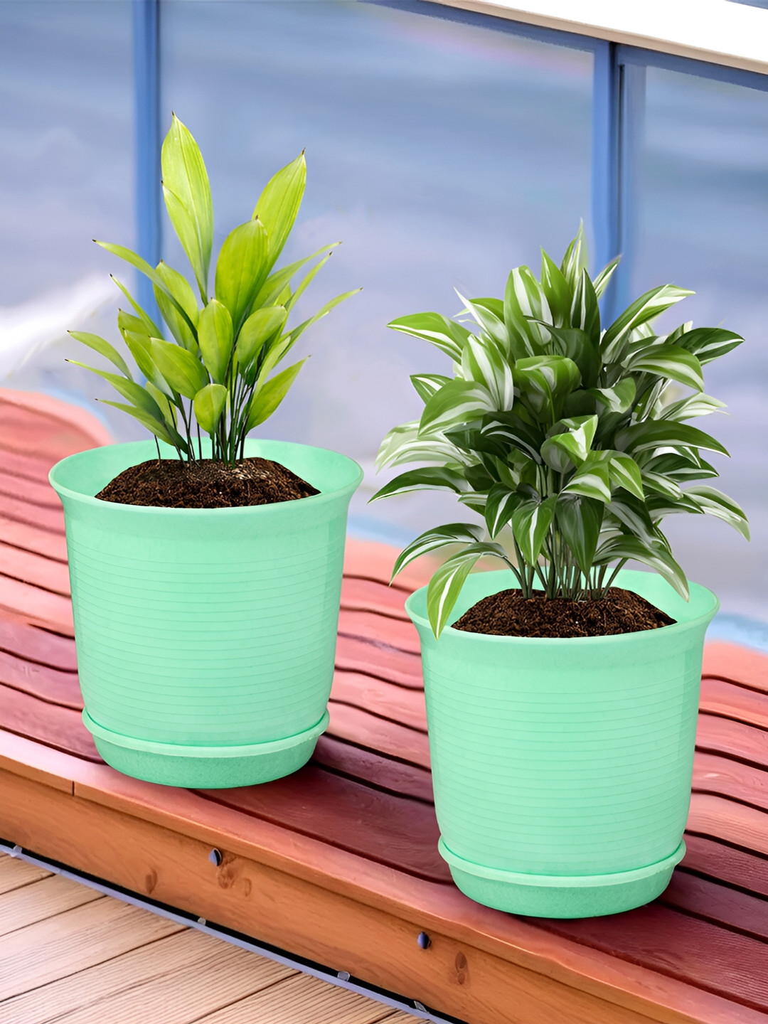 

Kuber Industries Green 2 Pieces Marble Finish Planters With Tray