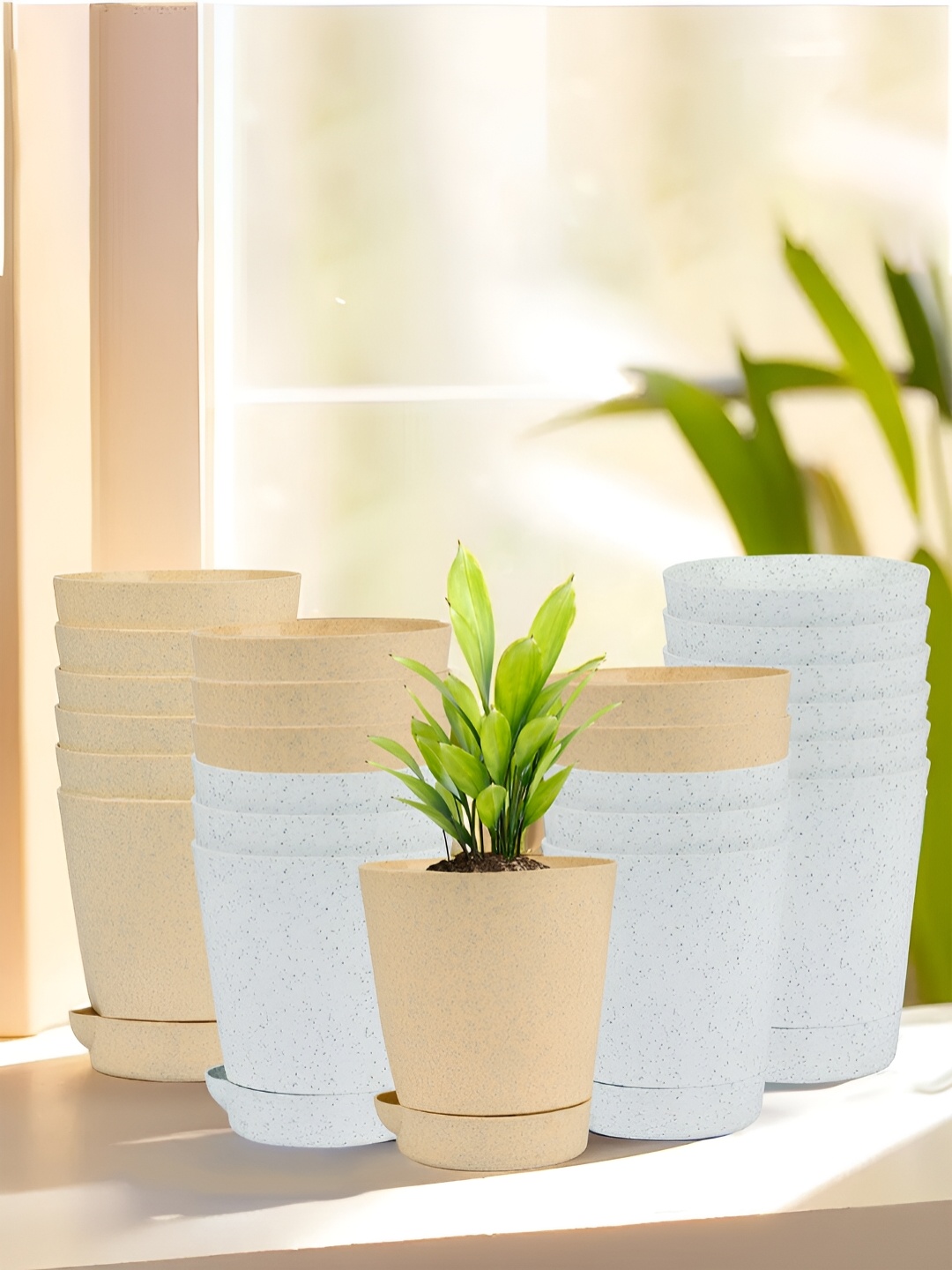 

Kuber Industries Marble Titan White & Beige 24 Pieces Planters With Tray