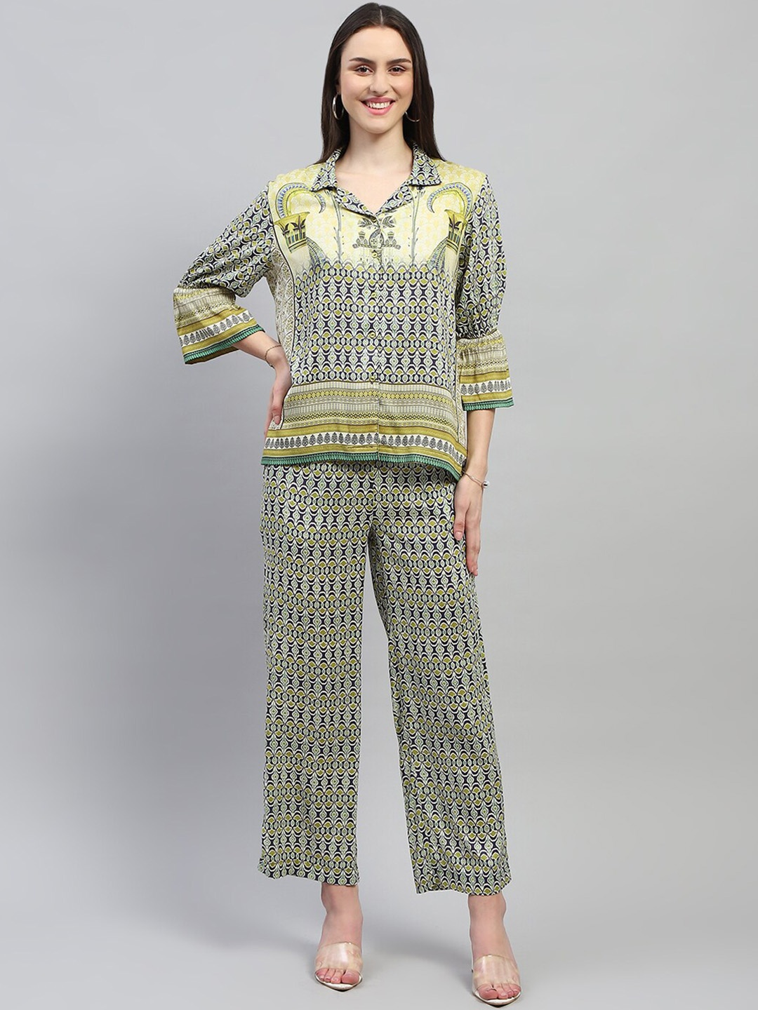 

Monte Carlo Ethnic Motifs Printed Shirt Collar Bell Sleeve Top & Trousers, Green